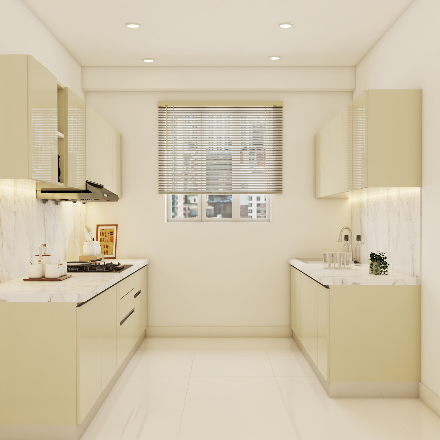 Cream Parallel Kitchen Design - Livspace
