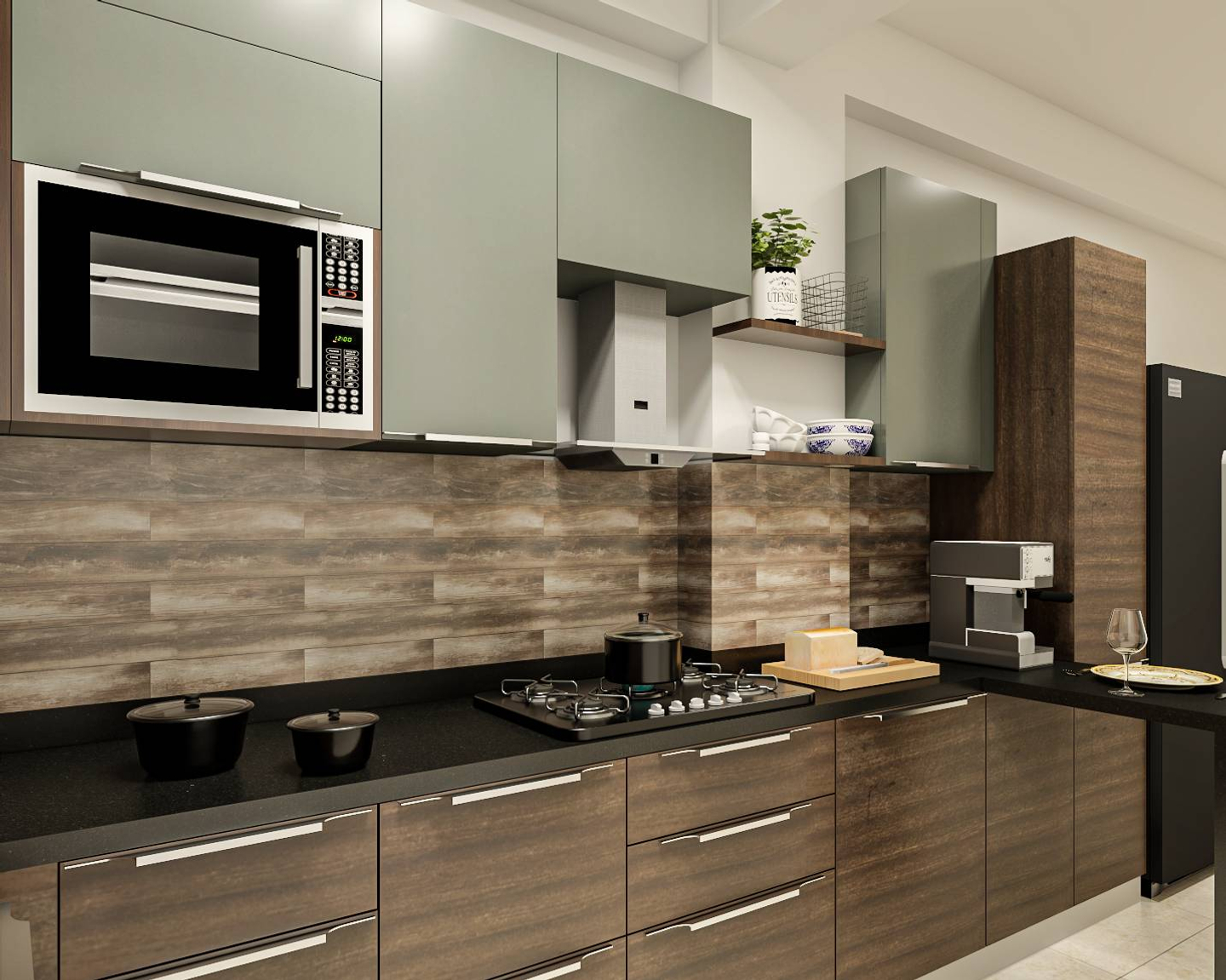 U-Shaped Wood & Grey Kitchen - Livspace