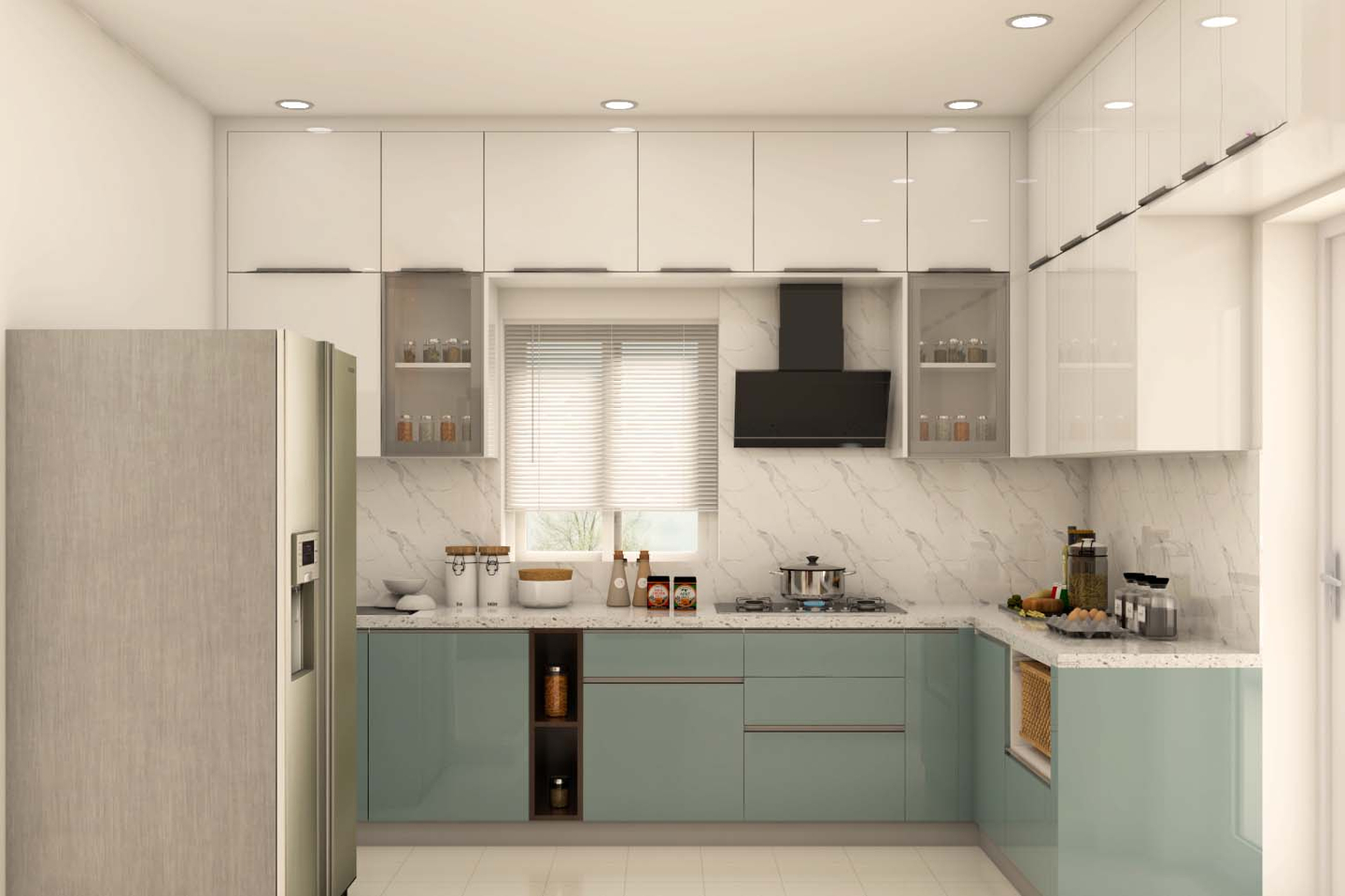 L-Shaped White And Blue Kitchen Design - Livspace