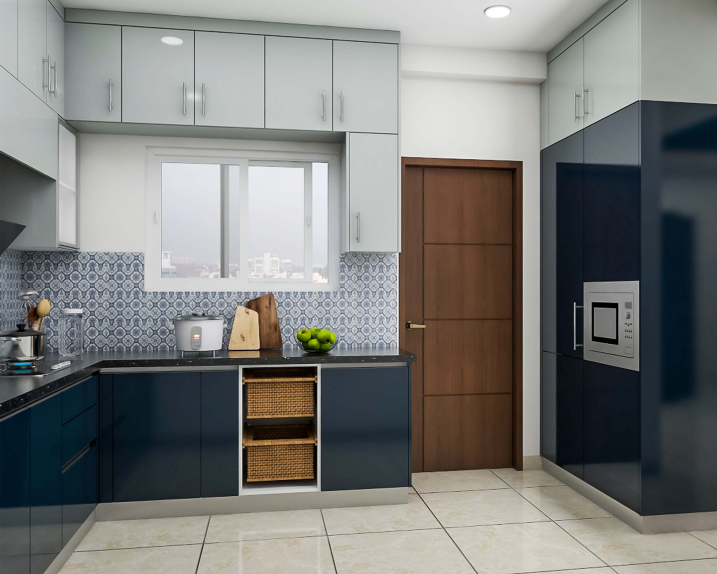 Modern Modular Indian Kitchen Design With Grey And White Backsplash