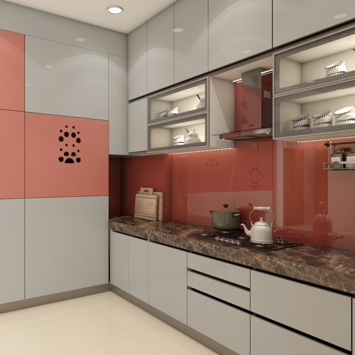 Modern Grey L-Shaped Kitchen Design With Red Lacquered Glass