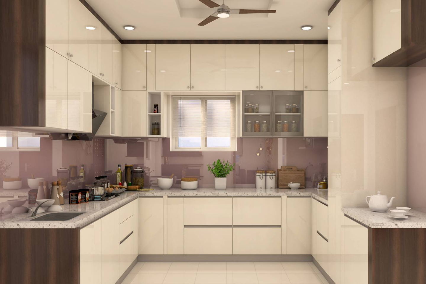 White U-Shaped Kitchen Design - Livspace