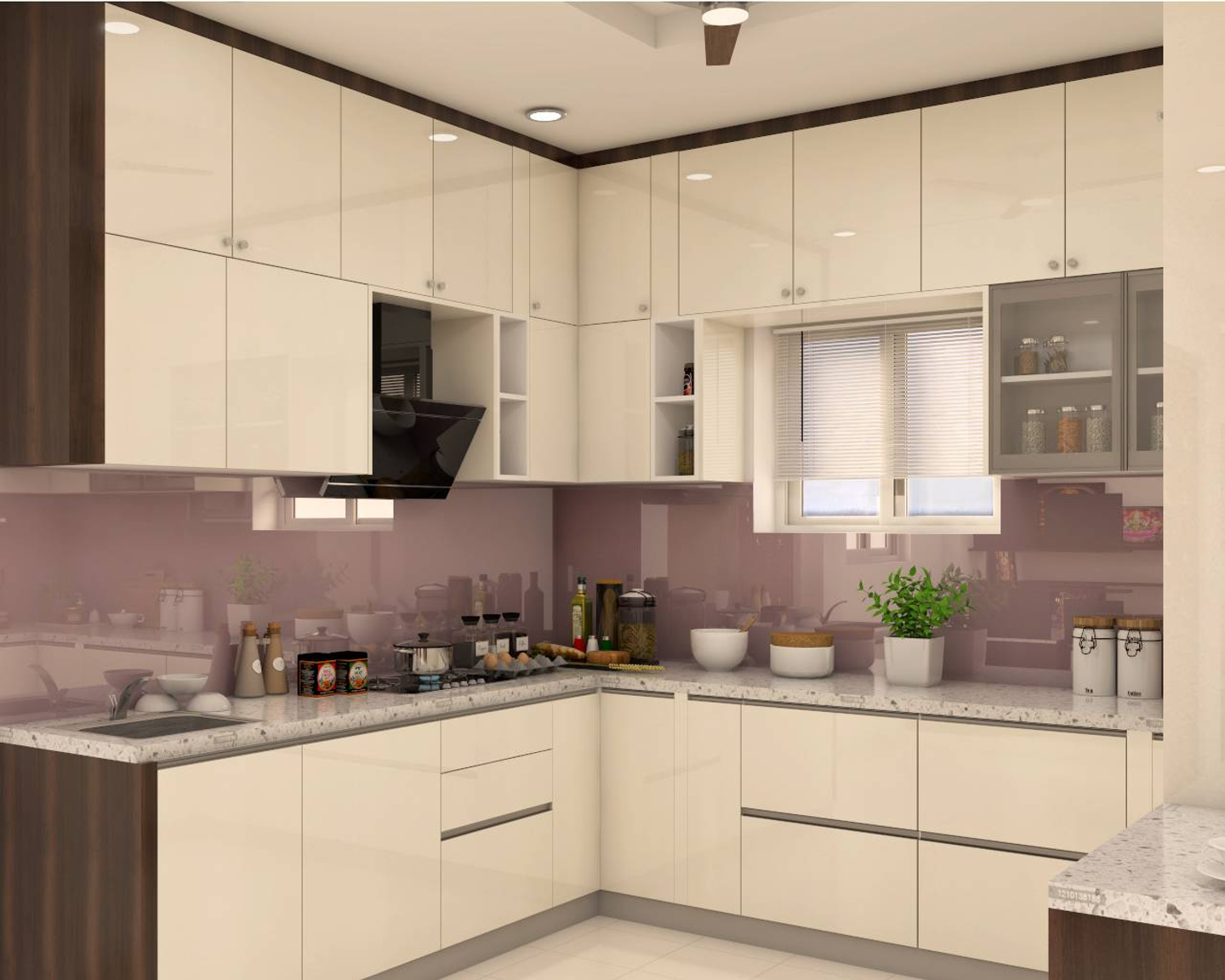 Contemporary U-Shaped White Kitchen Design With Dark Wooden Detailing