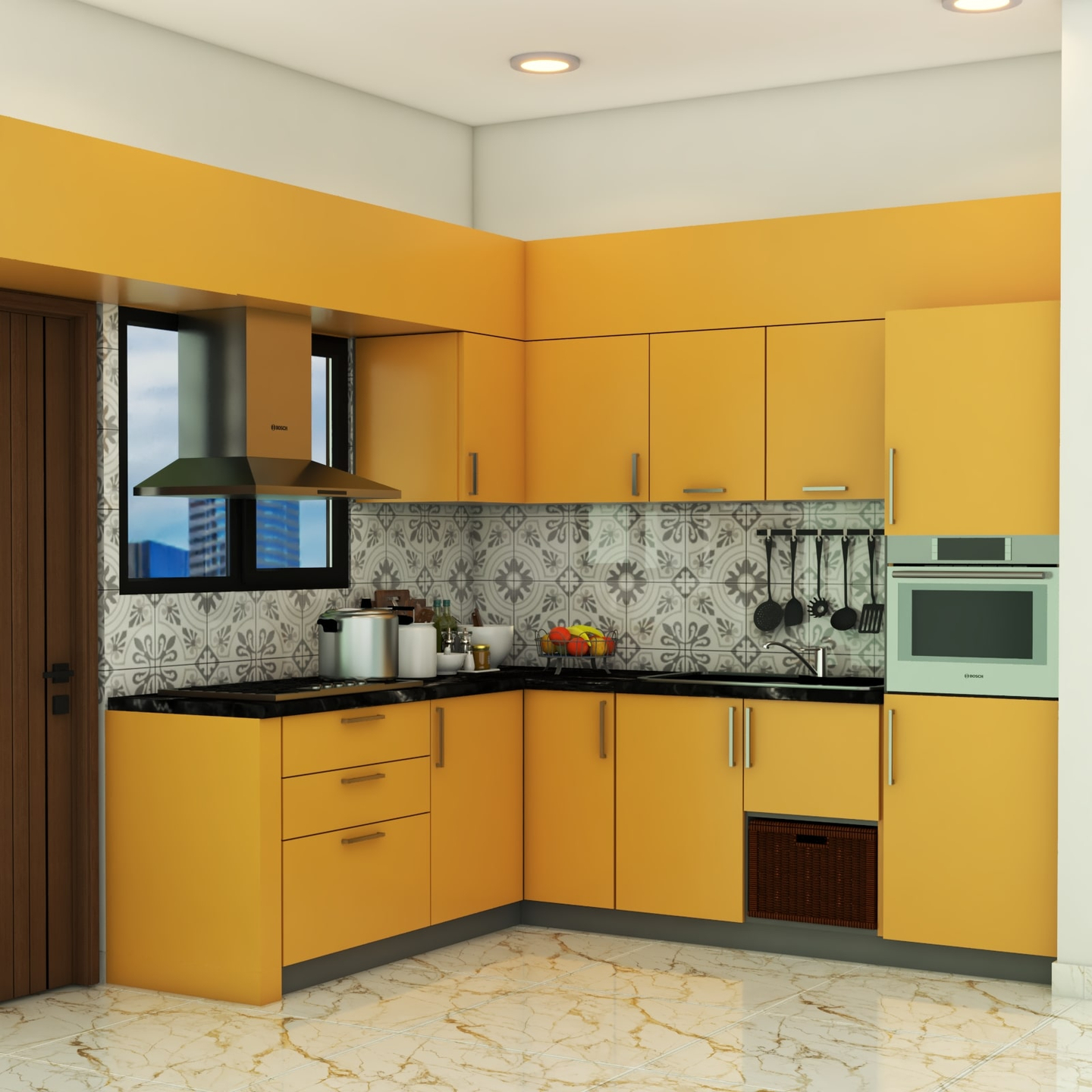 Mustard Yellow Straight Kitchen - Livspace