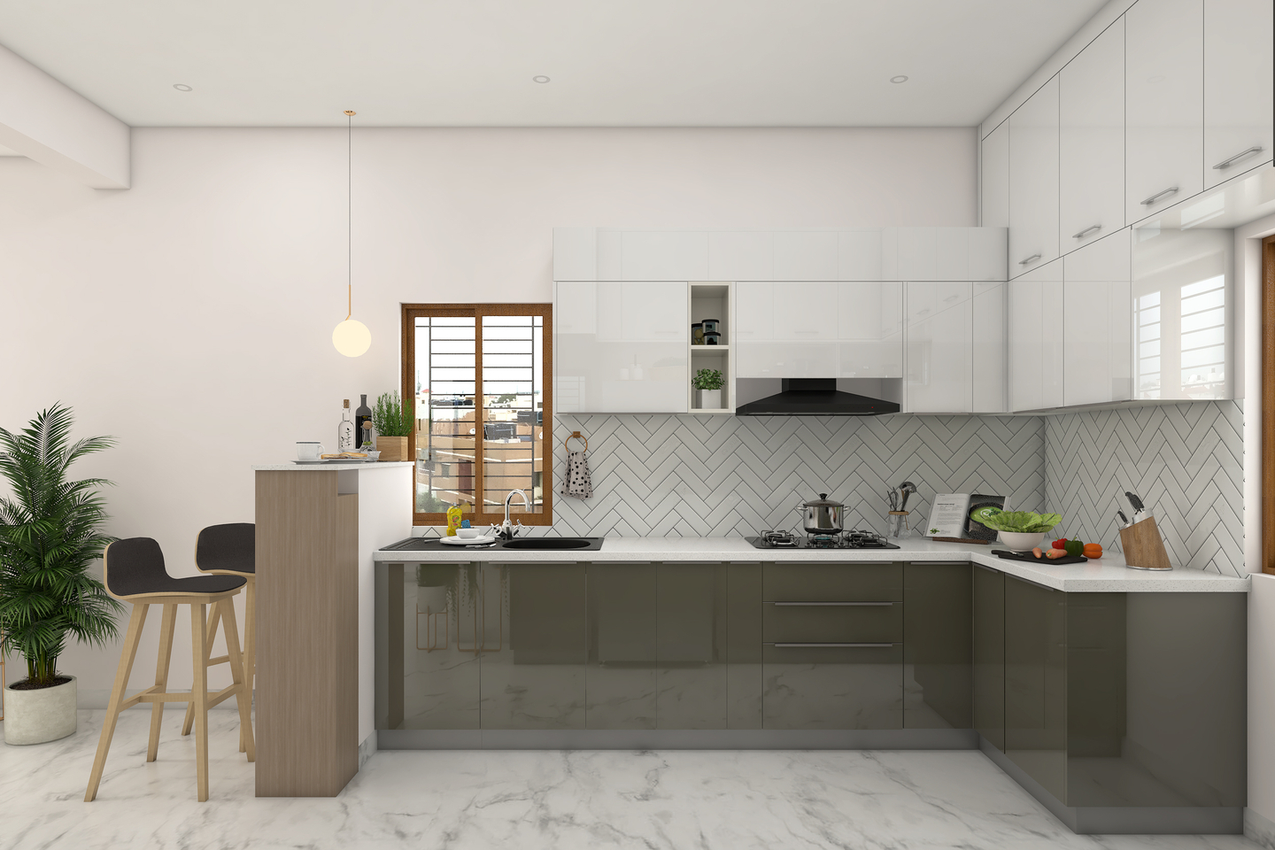 Grey And White L-Shaped Kitchen - Livspace
