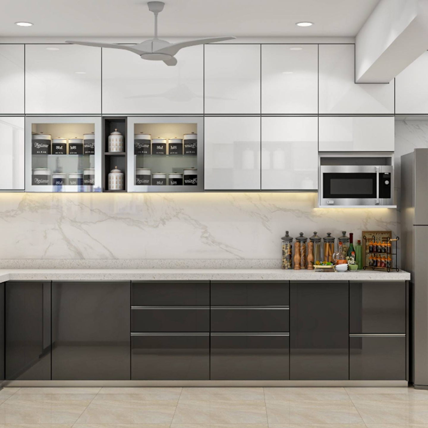 Contemporary U-Shaped Parallel Kitchen Design With Under Cabinet Lighting