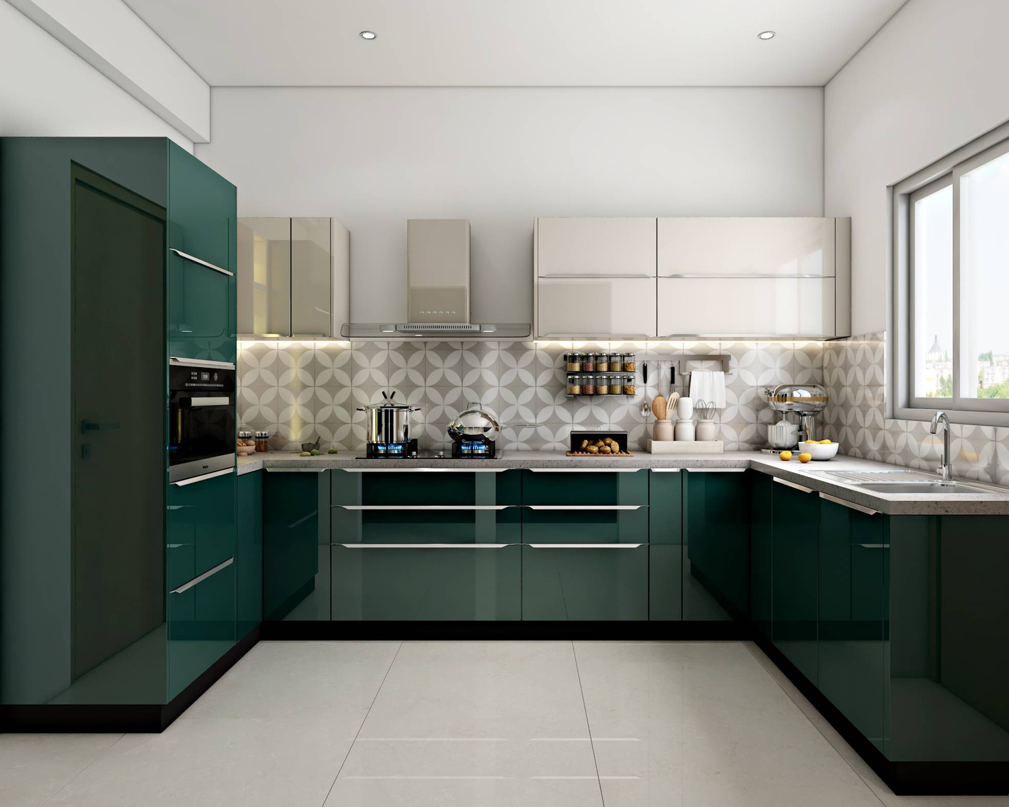 Green And White Kitchen - Livspace