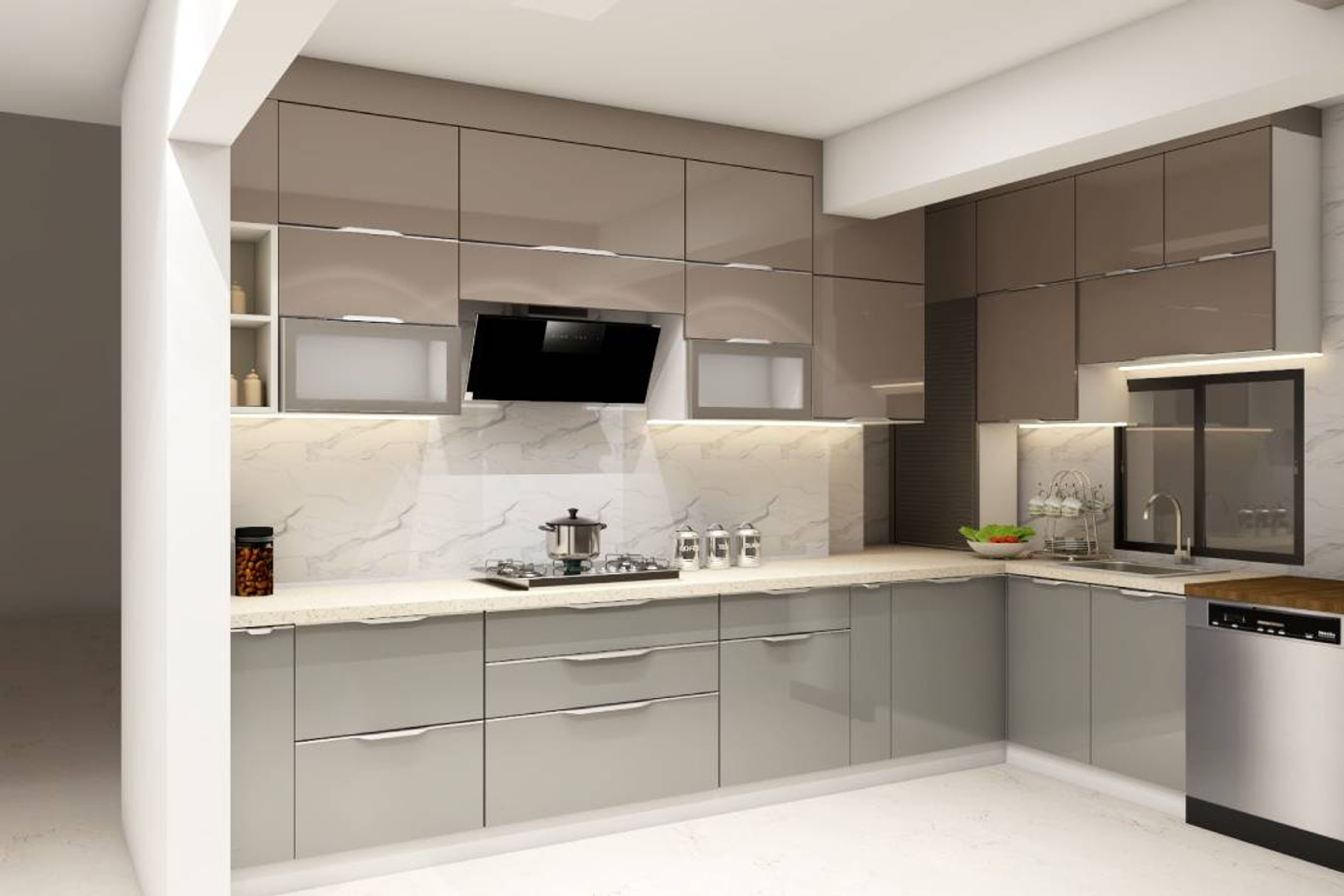 Modern L-Shaped Kitchen Design With High-Gloss Laminates