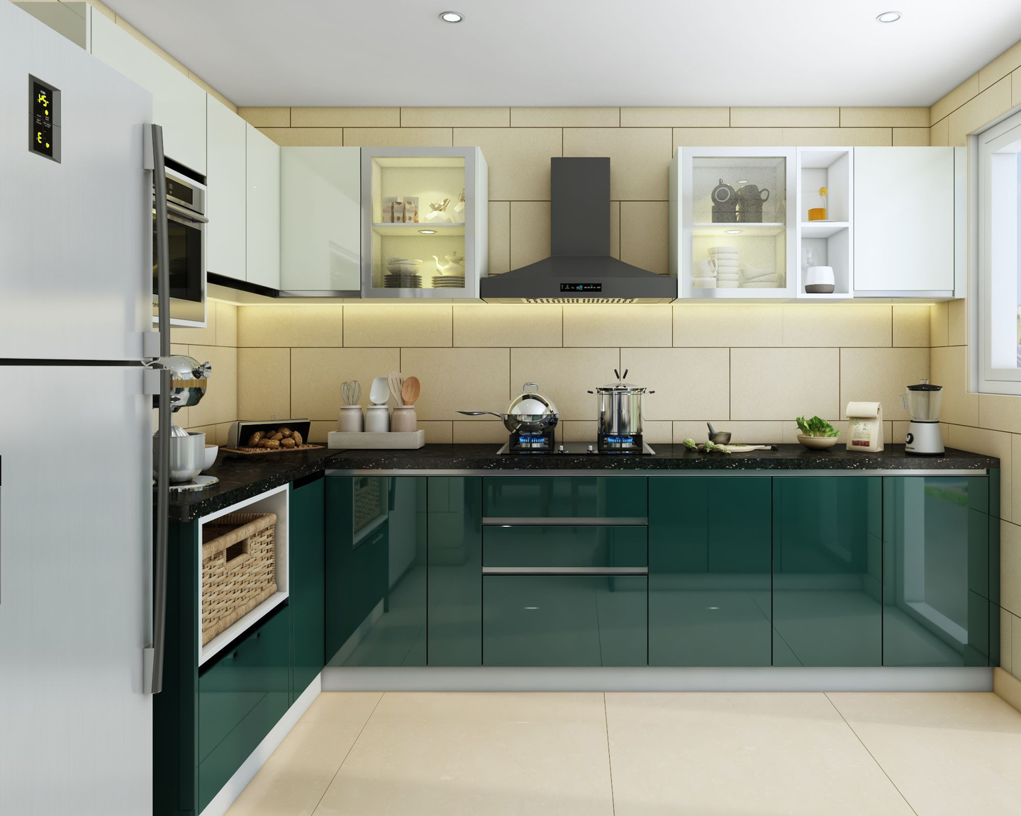White And Green Kitchen Design - Livspace