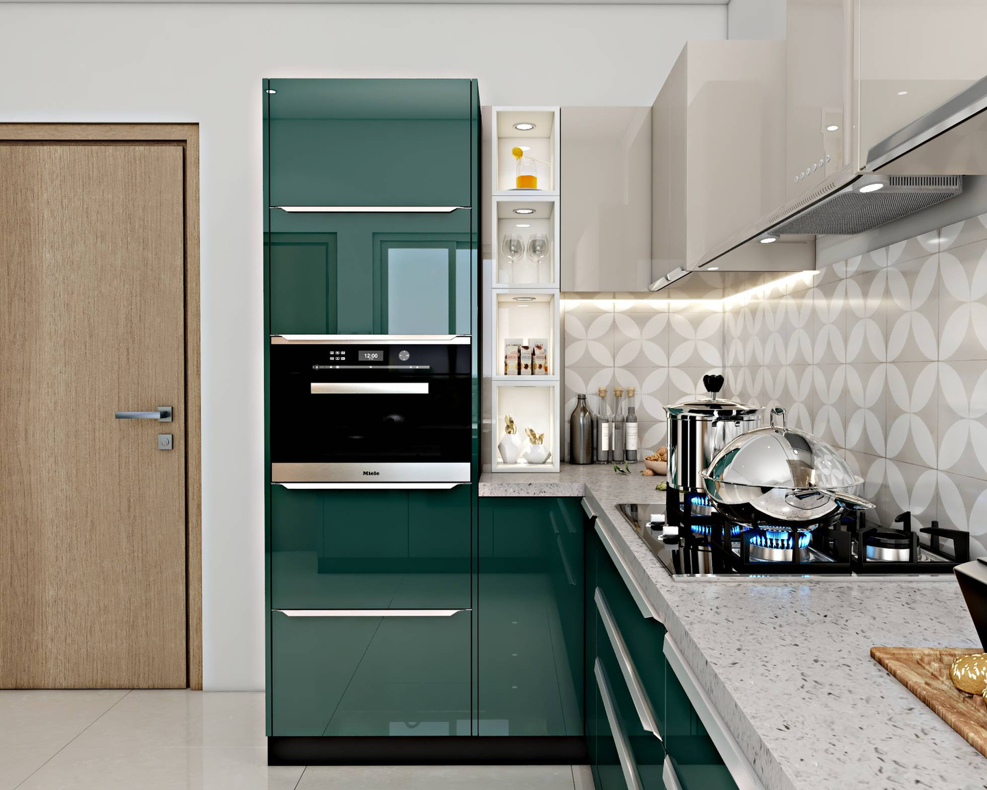 Modern Moss Green And White U-Shape Kitchen Design