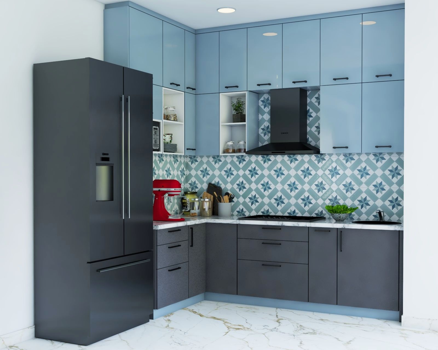 Grey And Blue Kitchen - Livspace