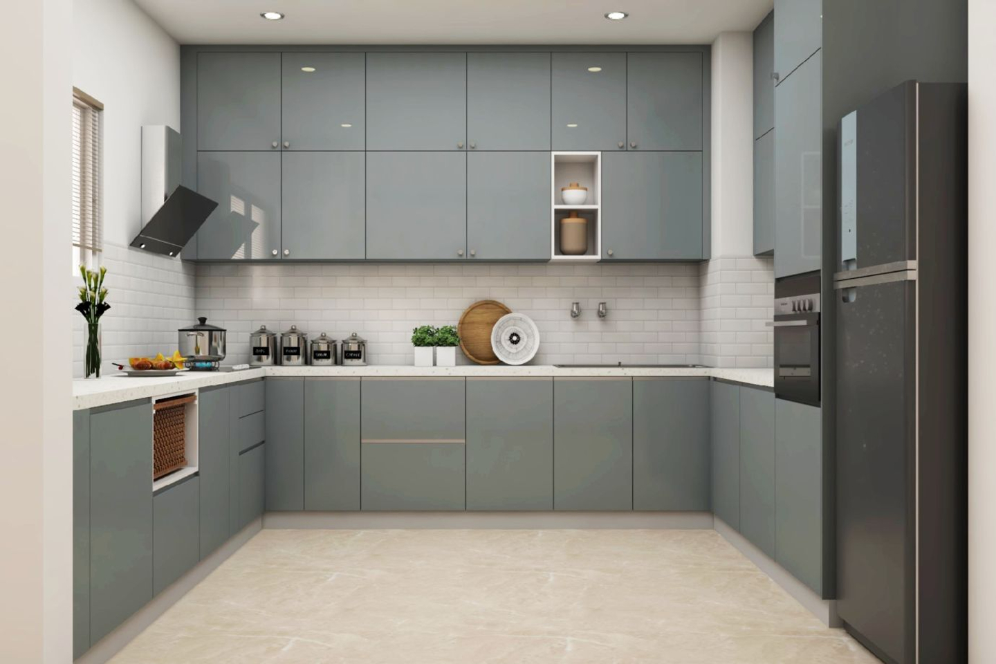 Grey U-Shape Kitchen - Livspace