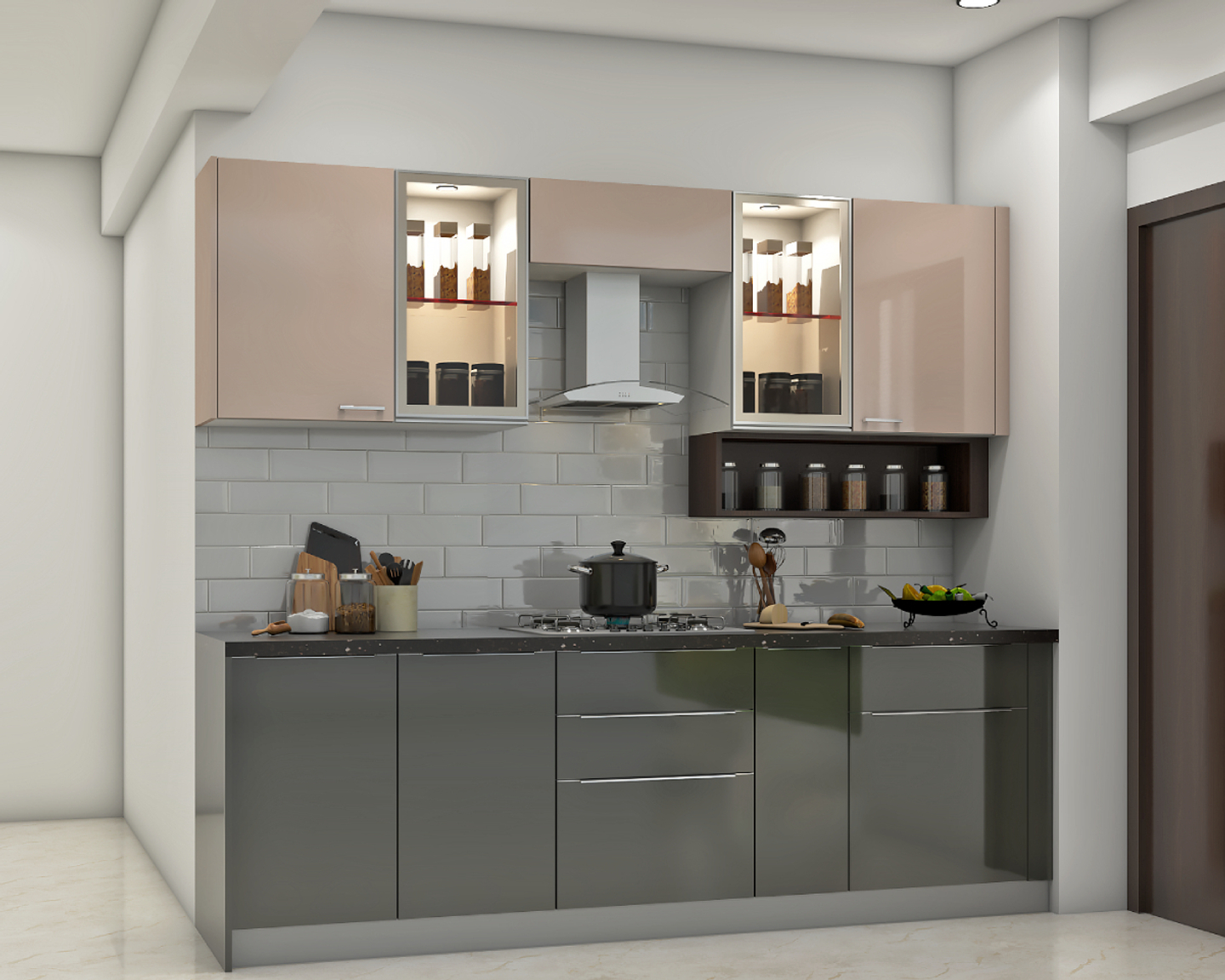 Green And Beige Kitchen Design - Livspace