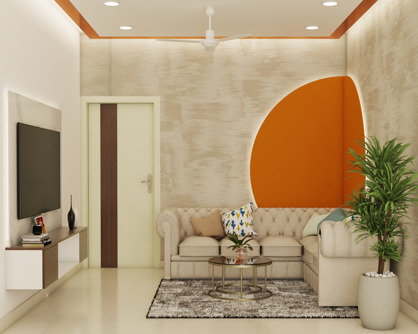 Orange And White False Ceiling For The Living Room | Livspace