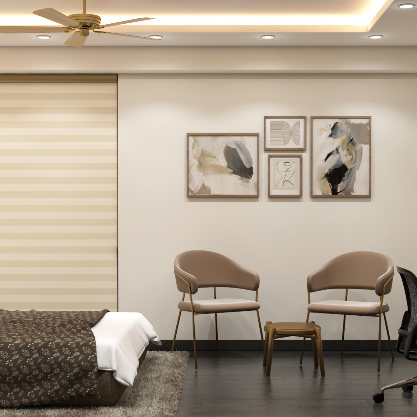 Modern Master Bedroom Design With Beige Wall Tiles