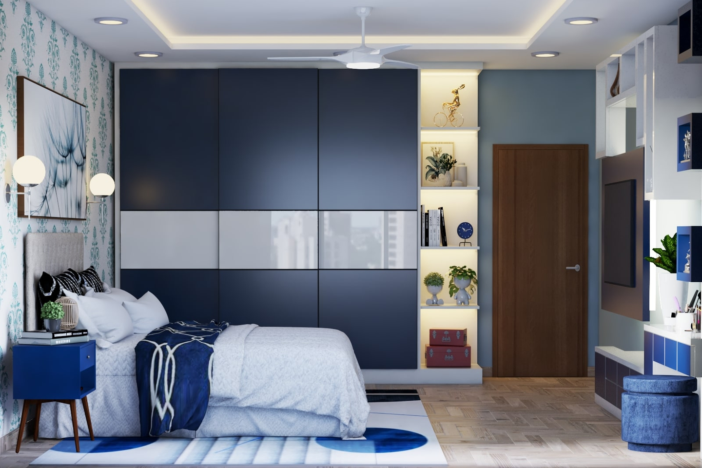 Spacious Blue Bedroom Design - Livspace