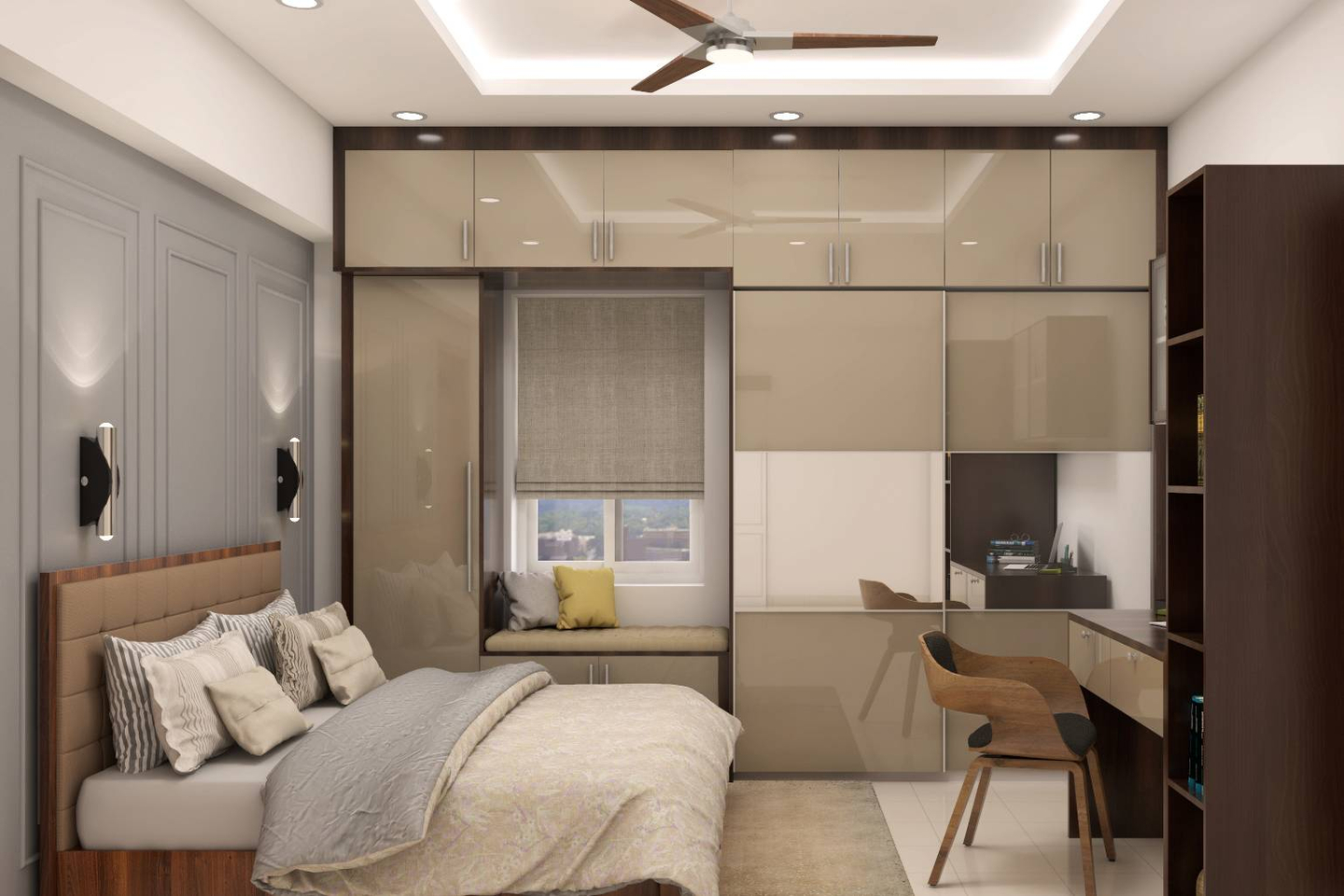 Neutral-Toned Compact Bedroom Design - Livspace