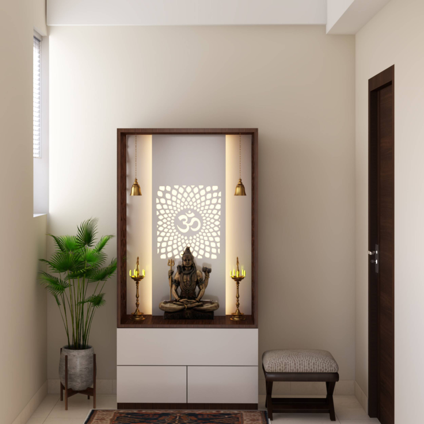 Spacious Pooja Unit Design With Indoor Plants 