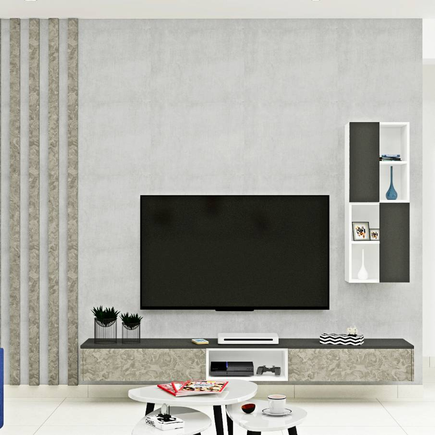 Spacious TV Unit Design In Brown And Grey Livspace