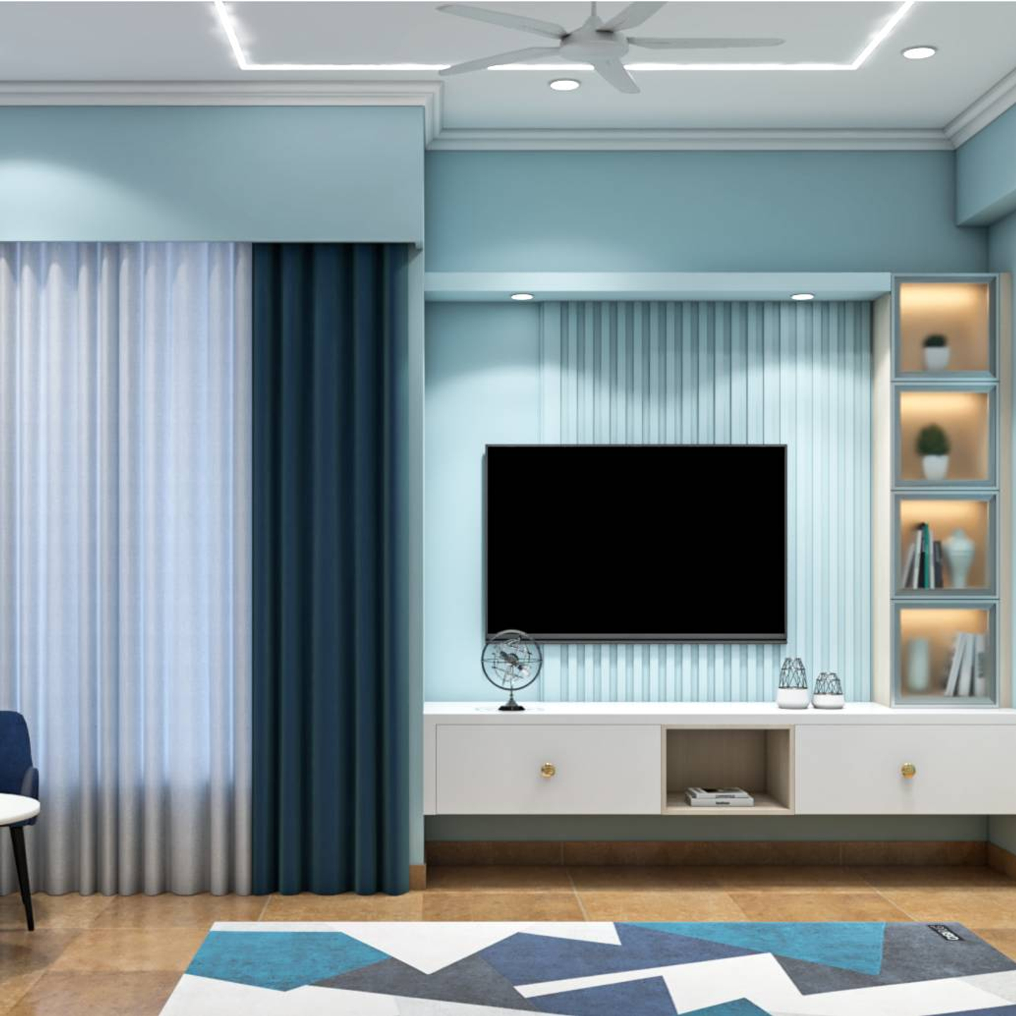 Spacious TV Unit Design With Blue Shaded Panelling Livspace