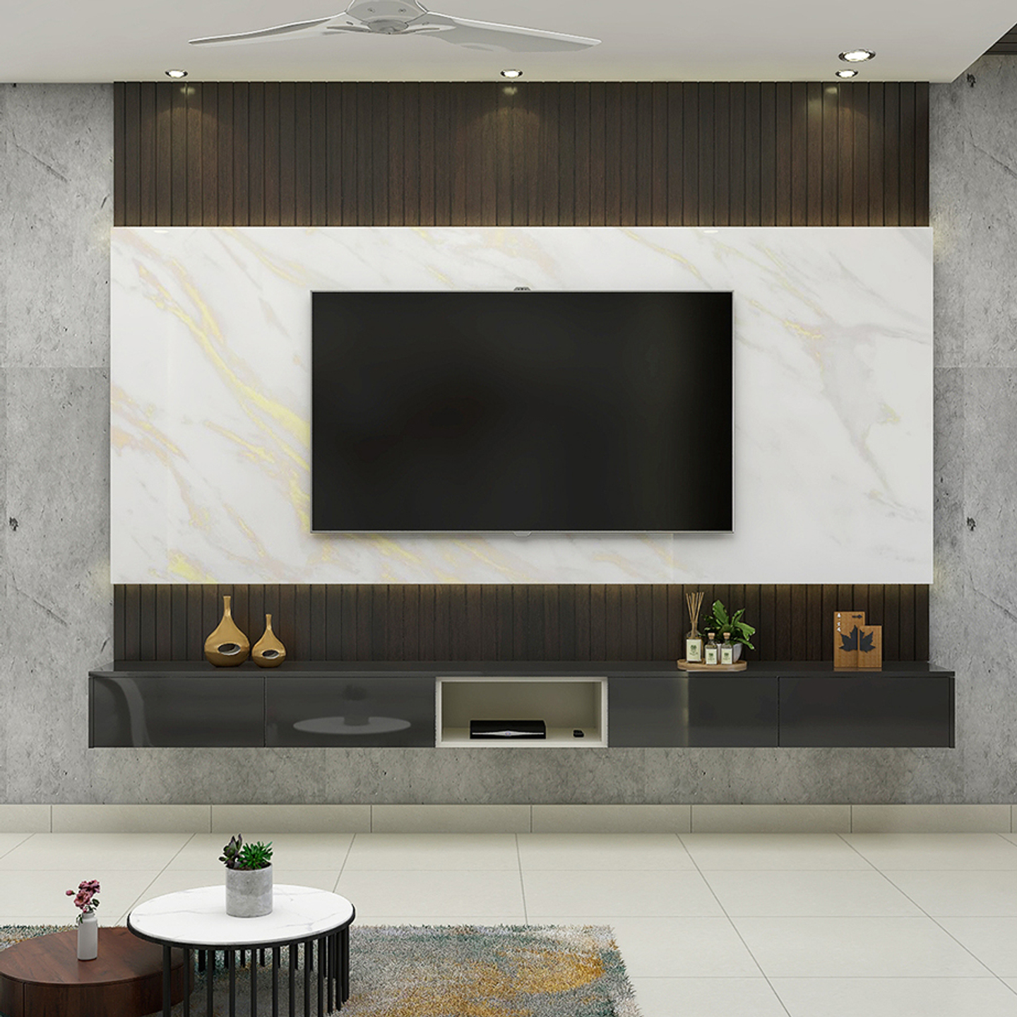 Spacious TV Unit With A Glossy Laminate Finish Livspace