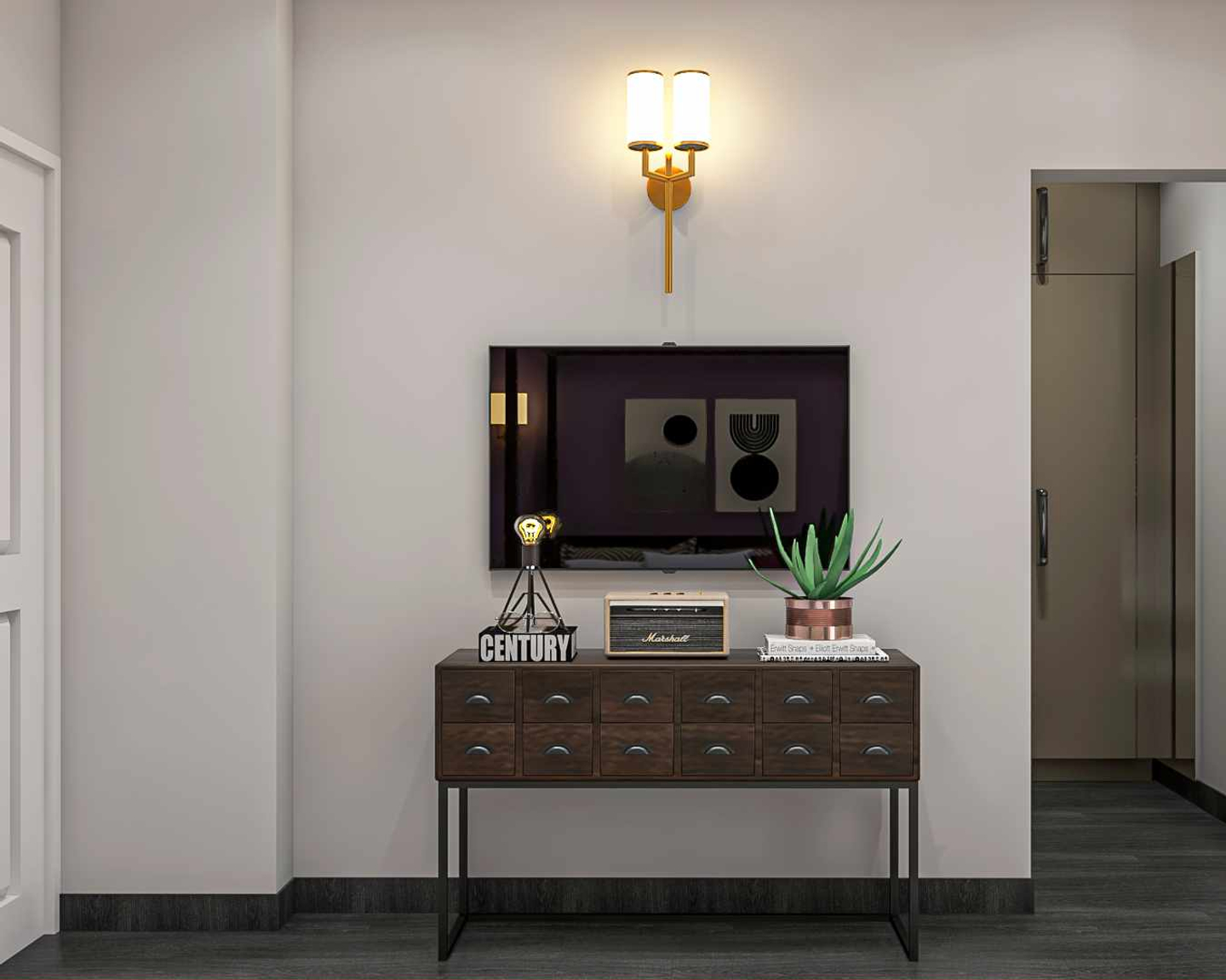 MidCentury Modern TV Unit Design With Antique Console Table Livspace