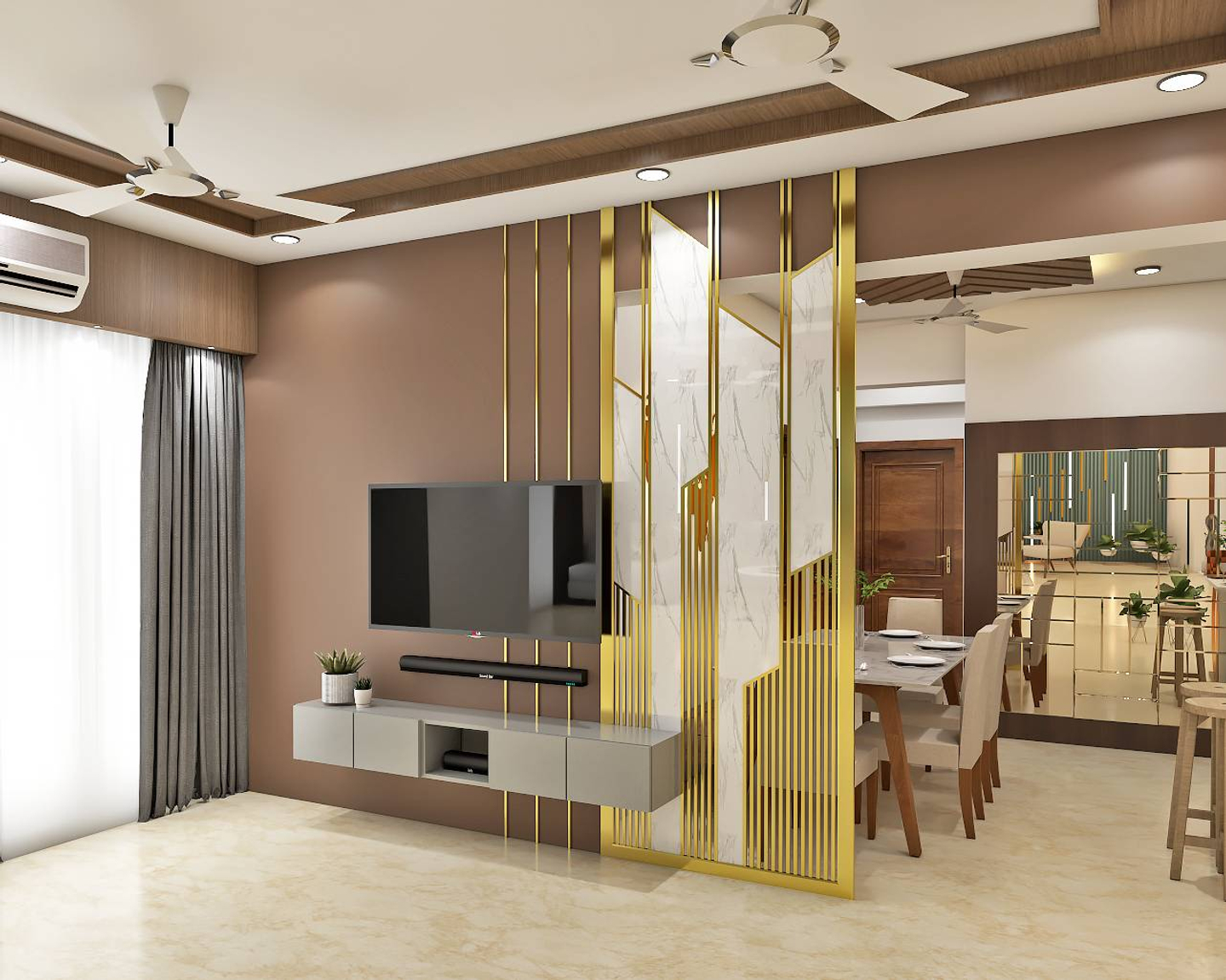 Spacious TV Unit Design With Accent Wall And Light Shaded Console