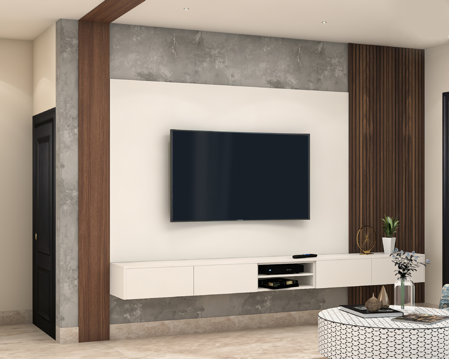 Compact TV Unit Design With Grey Stone Wall Livspace