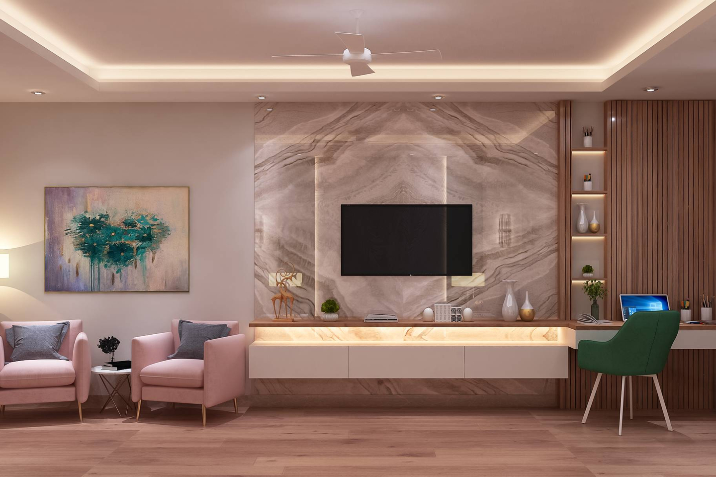 Spacious TV Unit Design With Open Wooden Rack And LED Lighting Livspace
