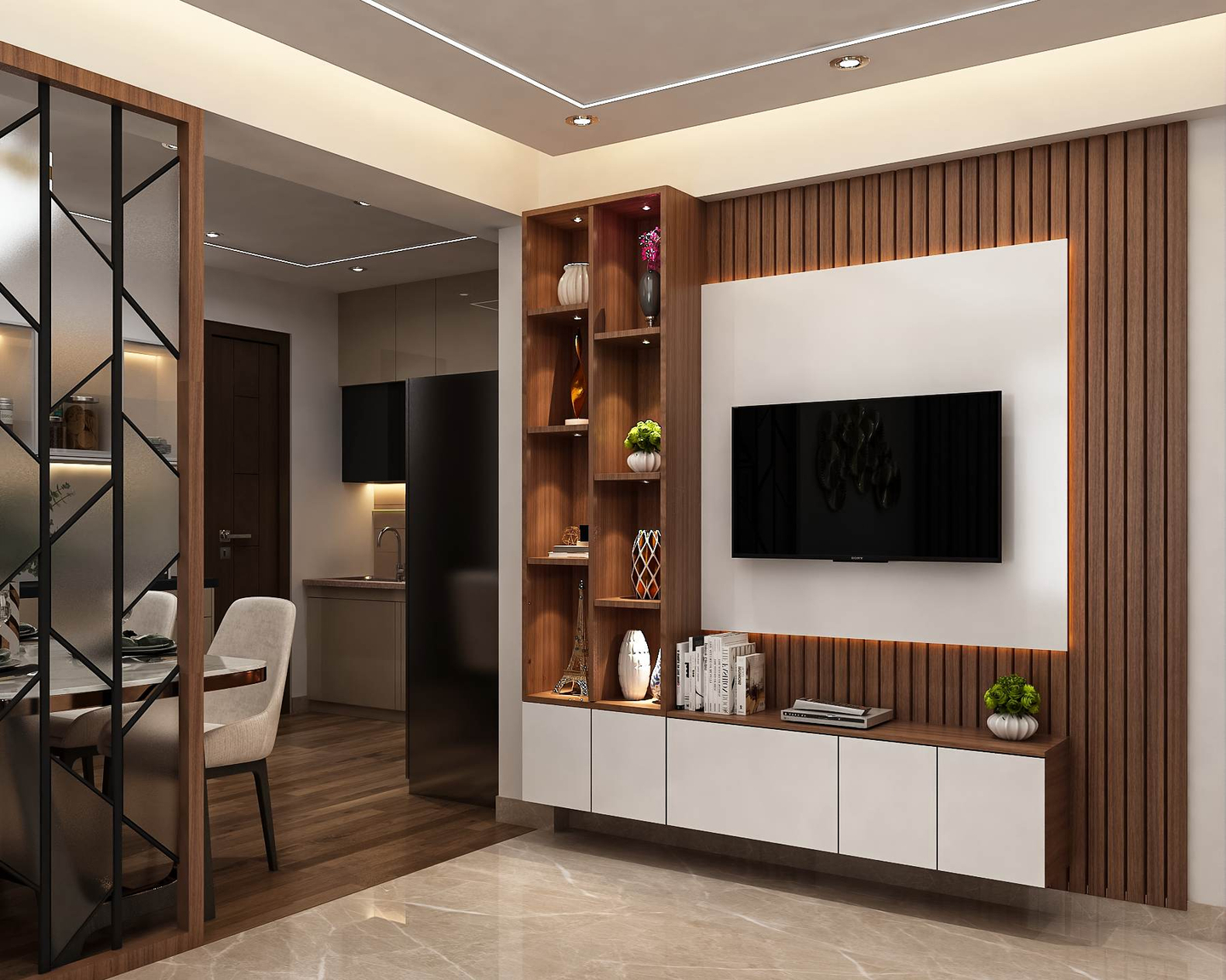 White And Brown TV Unit - Livspace