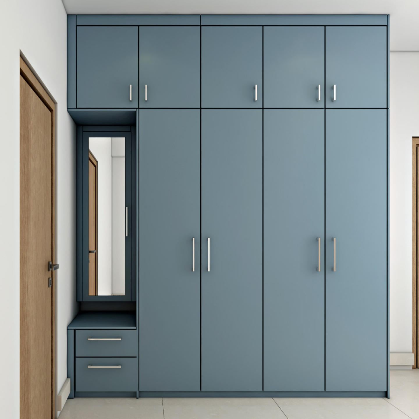 Compact Blue Wardrobe Design With External Drawers | Livspace