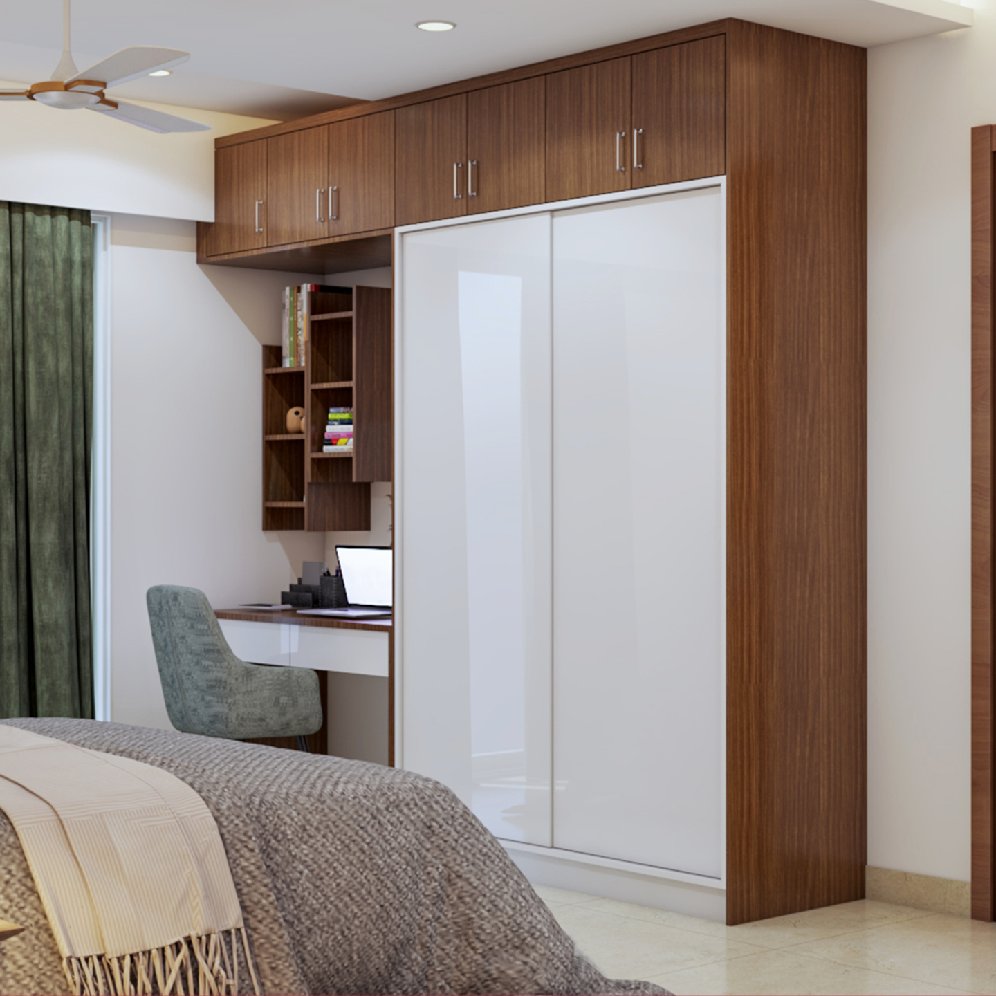 Compact 2-Door Wardrobe Design With Wooden Loft Storage | Livspace