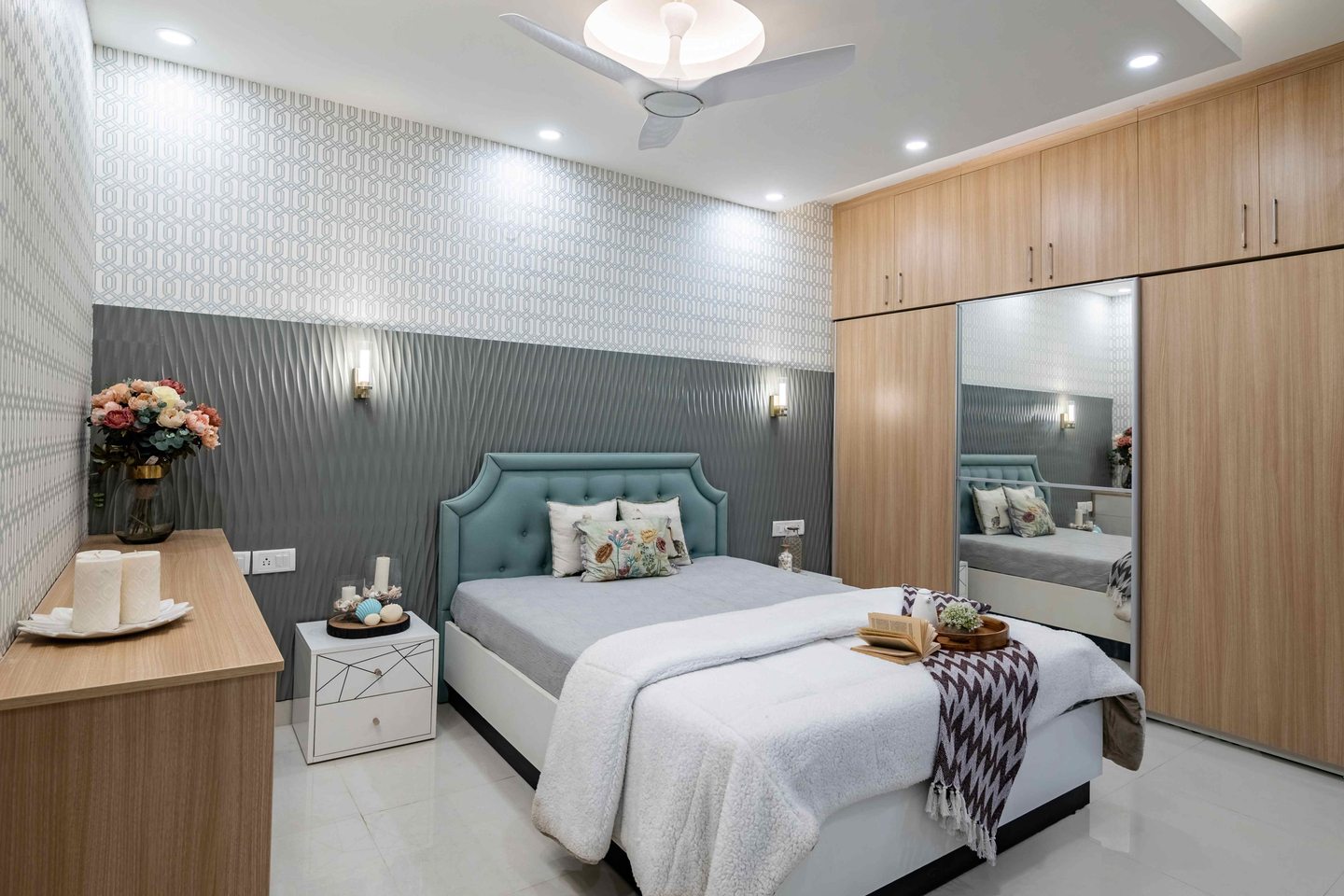 Bedroom Design With A Double Bed And White Side Tables - Livspace