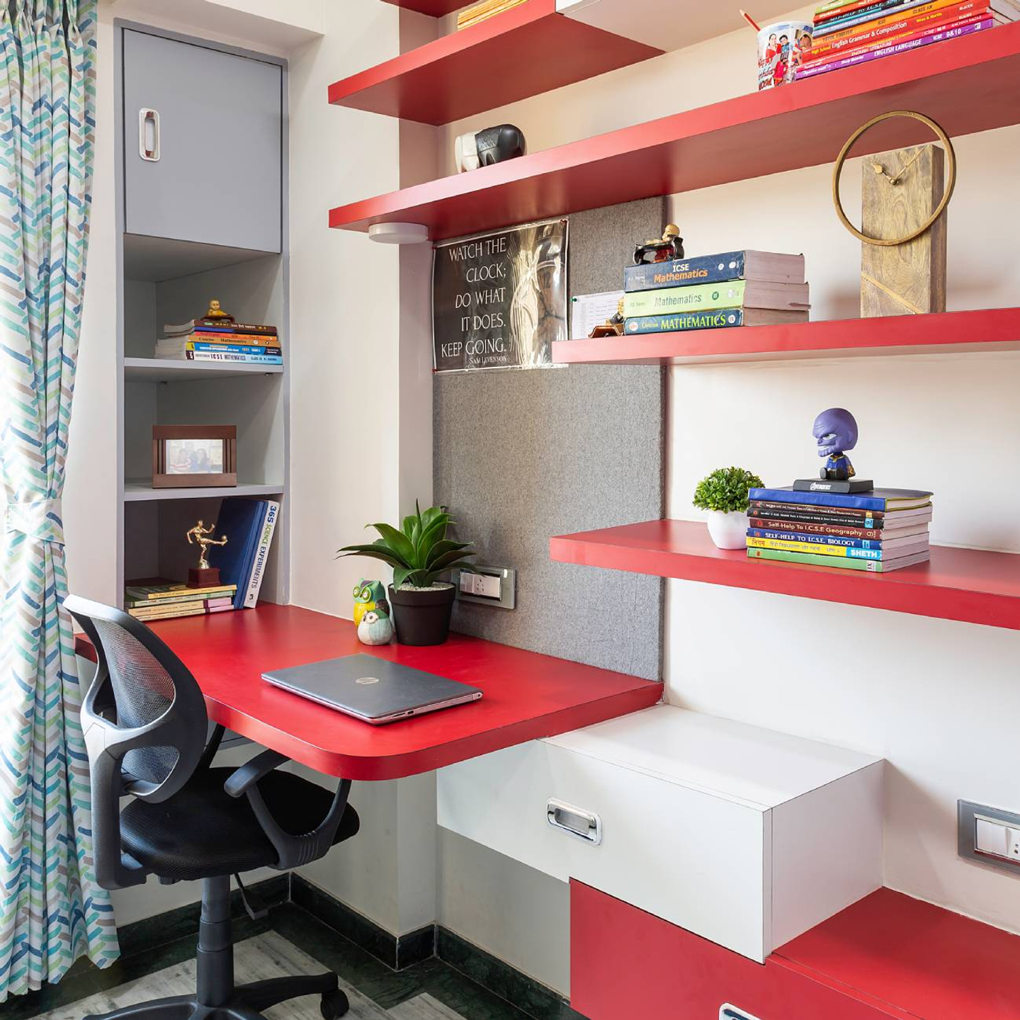 Home Office Design With Red And White Shelves And Study Table - Livspace
