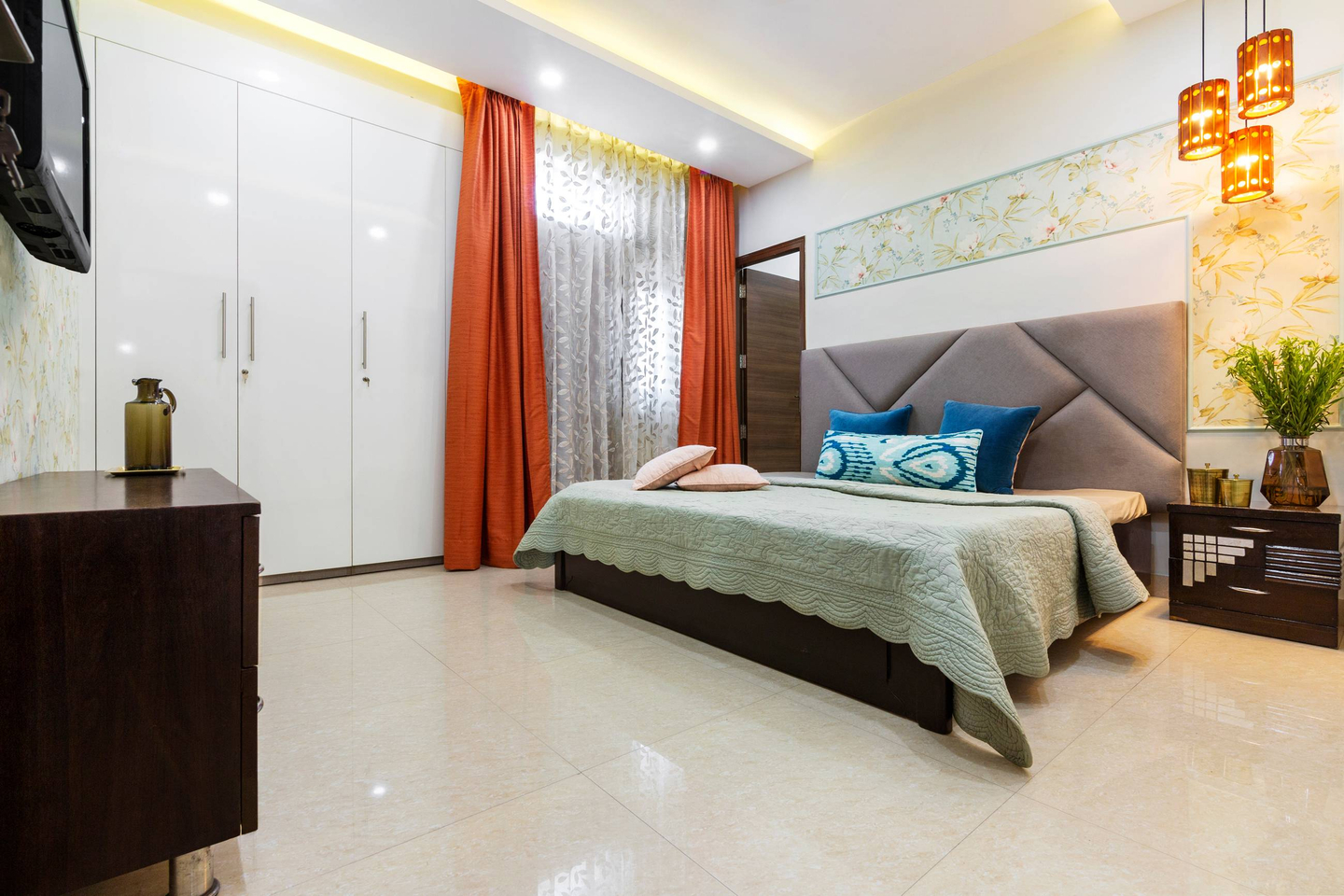 Modern Guest Room Design With Grey Tufted Headboard