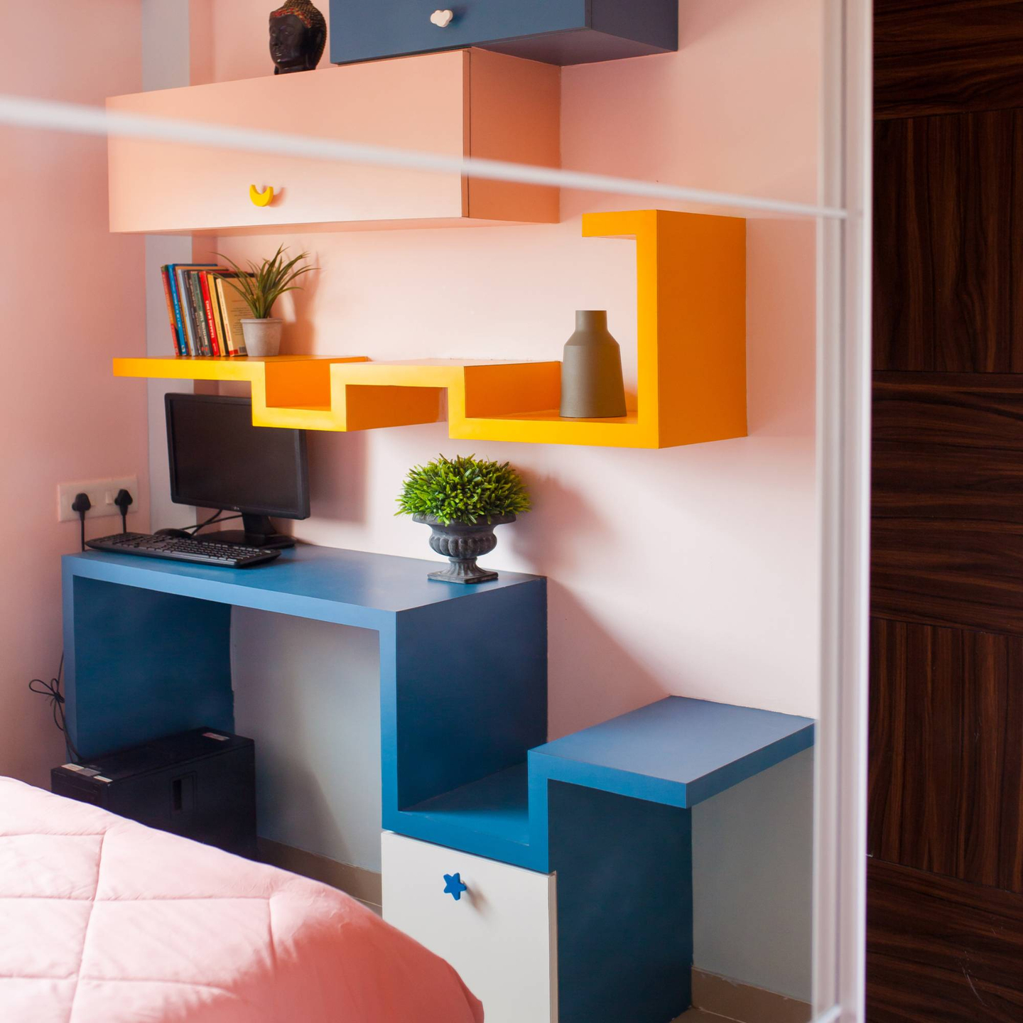 Modern Home Office Design With Colourful Storage Units