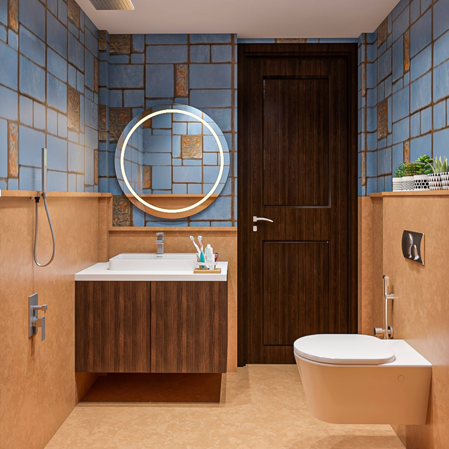 Blue Modern Bathroom with Built-in Light Mirror | Livspace
