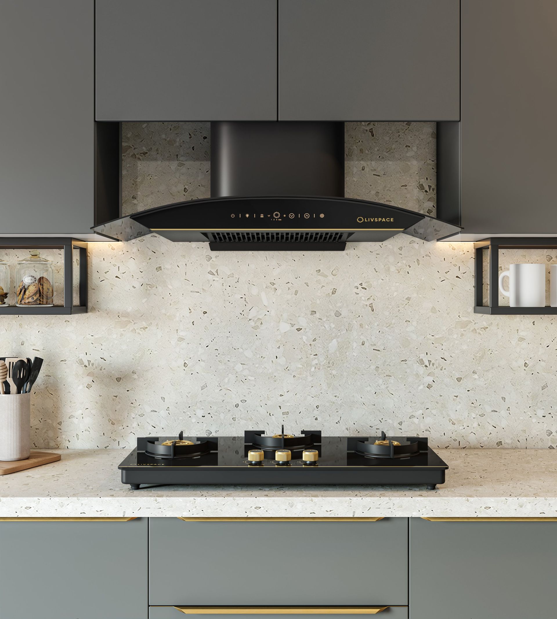 Intellia Auto Clean BLDC Ducted 1600 m3/h 900 mm Curved Chimney & Intellia Gloss Auto Ignition 770 mm 3 Brass Burner Cooktop | Intellia CHC90 & ICTG3B77