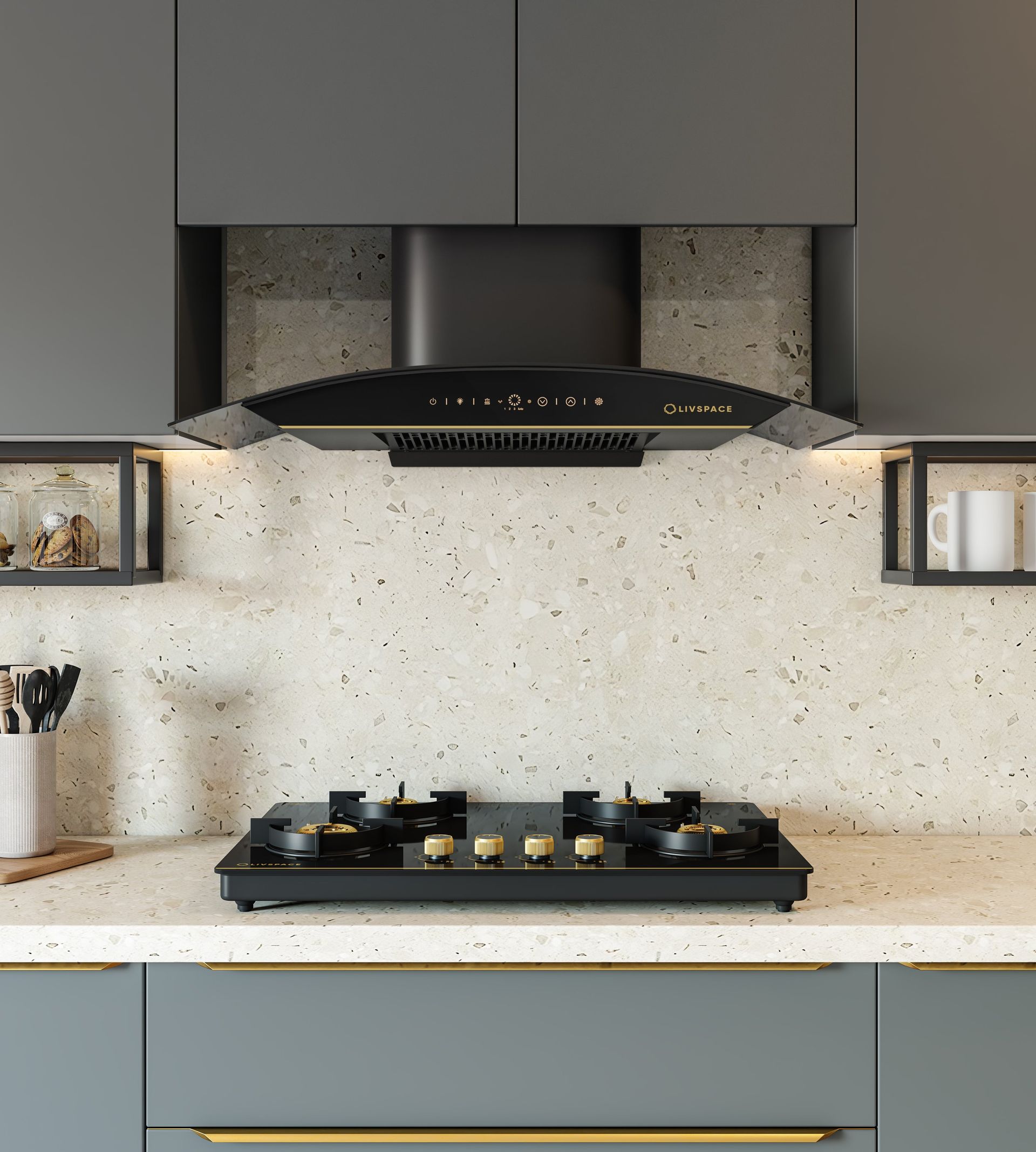 Intellia Auto Clean BLDC Ducted 1600 m3/h 900 mm Curved Chimney & Intellia Gloss Auto Ignition 750 mm 4 Brass Burner Cooktop | Intellia CHC90 & CTG4B75