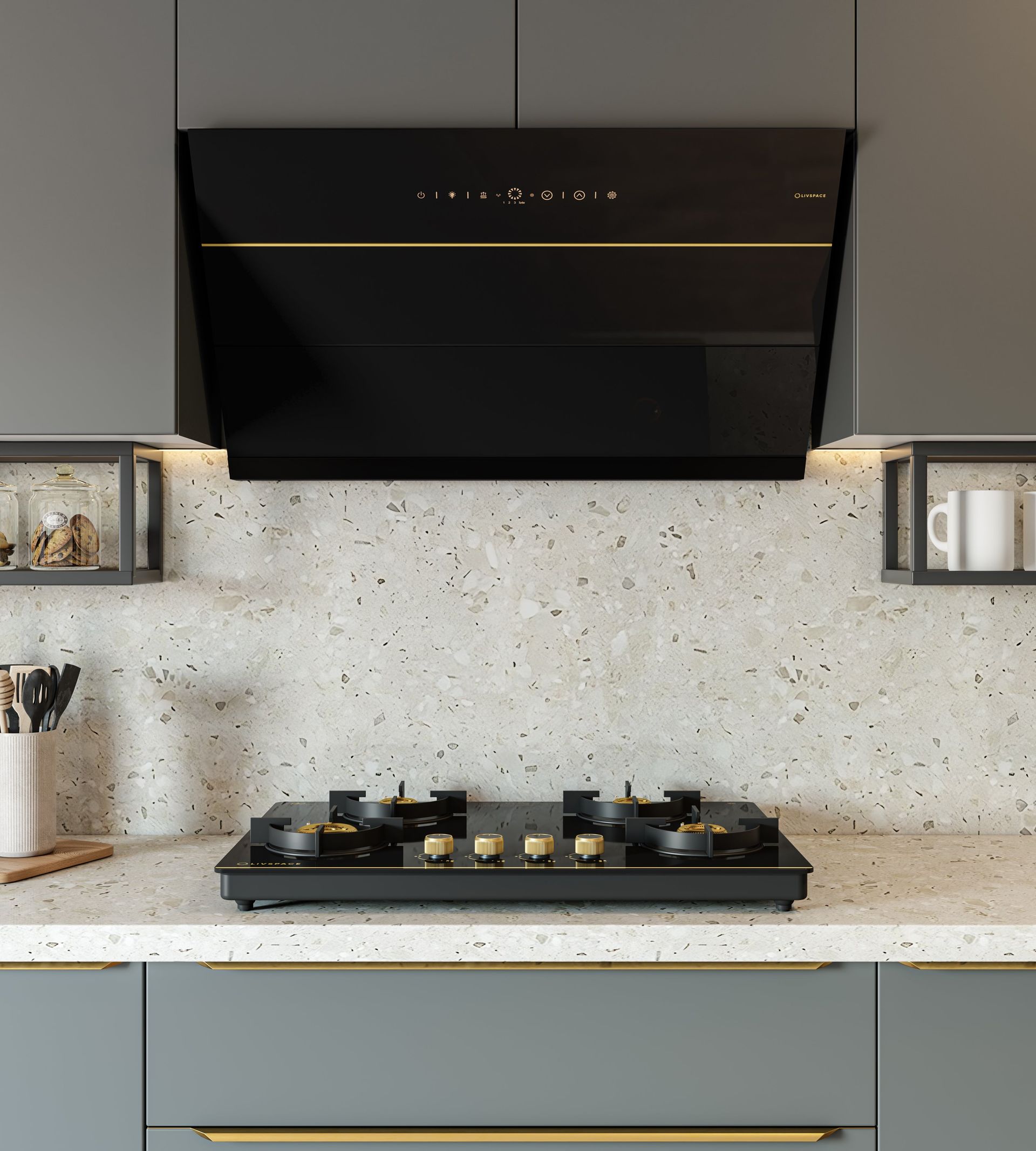 Intellia Auto Clean BLDC Ducted 1600 m3/h 900 mm Inclined Chimney & Intellia Gloss Auto Ignition 750 mm 4 Brass Burner Cooktop | Intellia CHI90 & CTG4B75