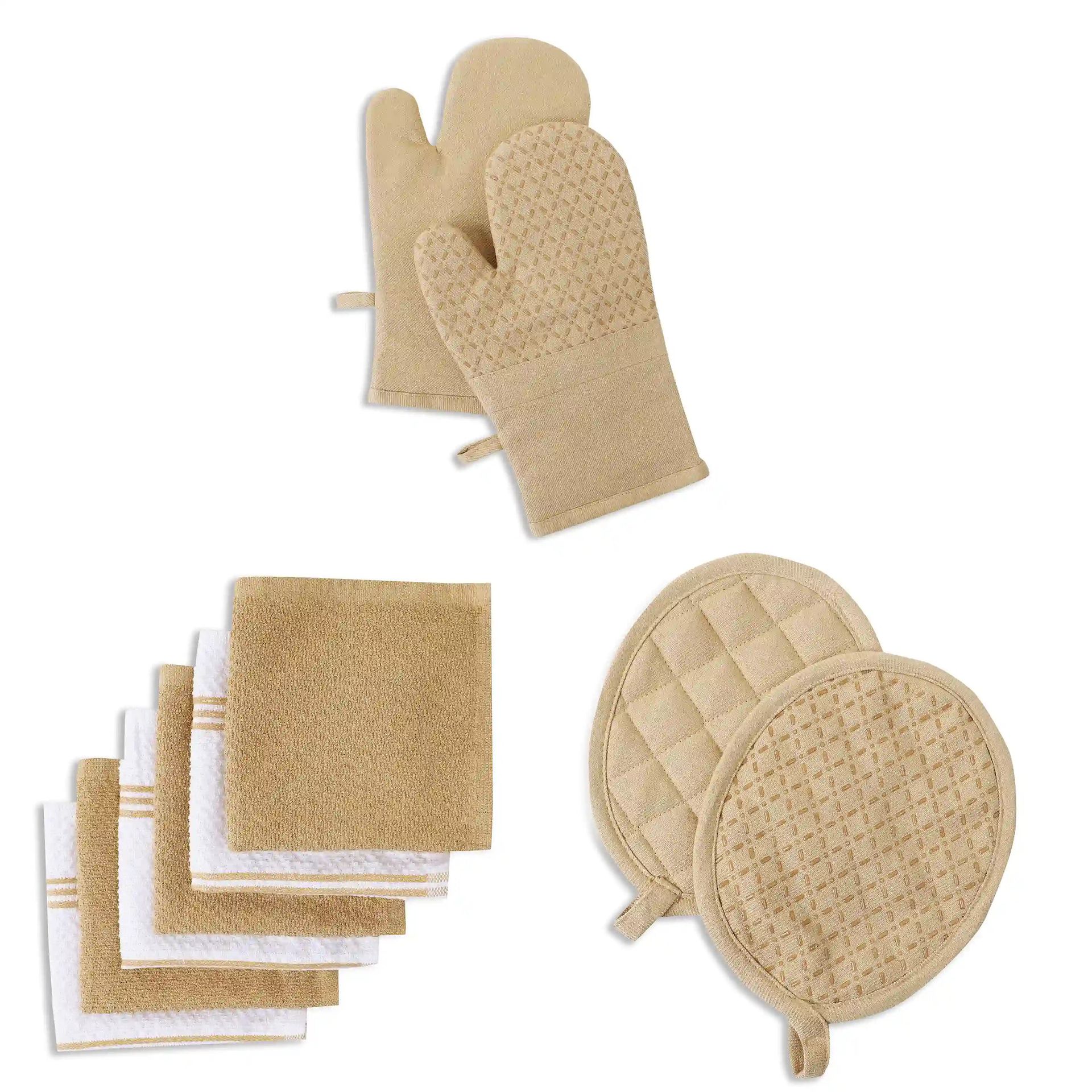 Solid Dyed Cotton Polyester blend Camel 16 Piece Kitchen Linen Set | Kaleida