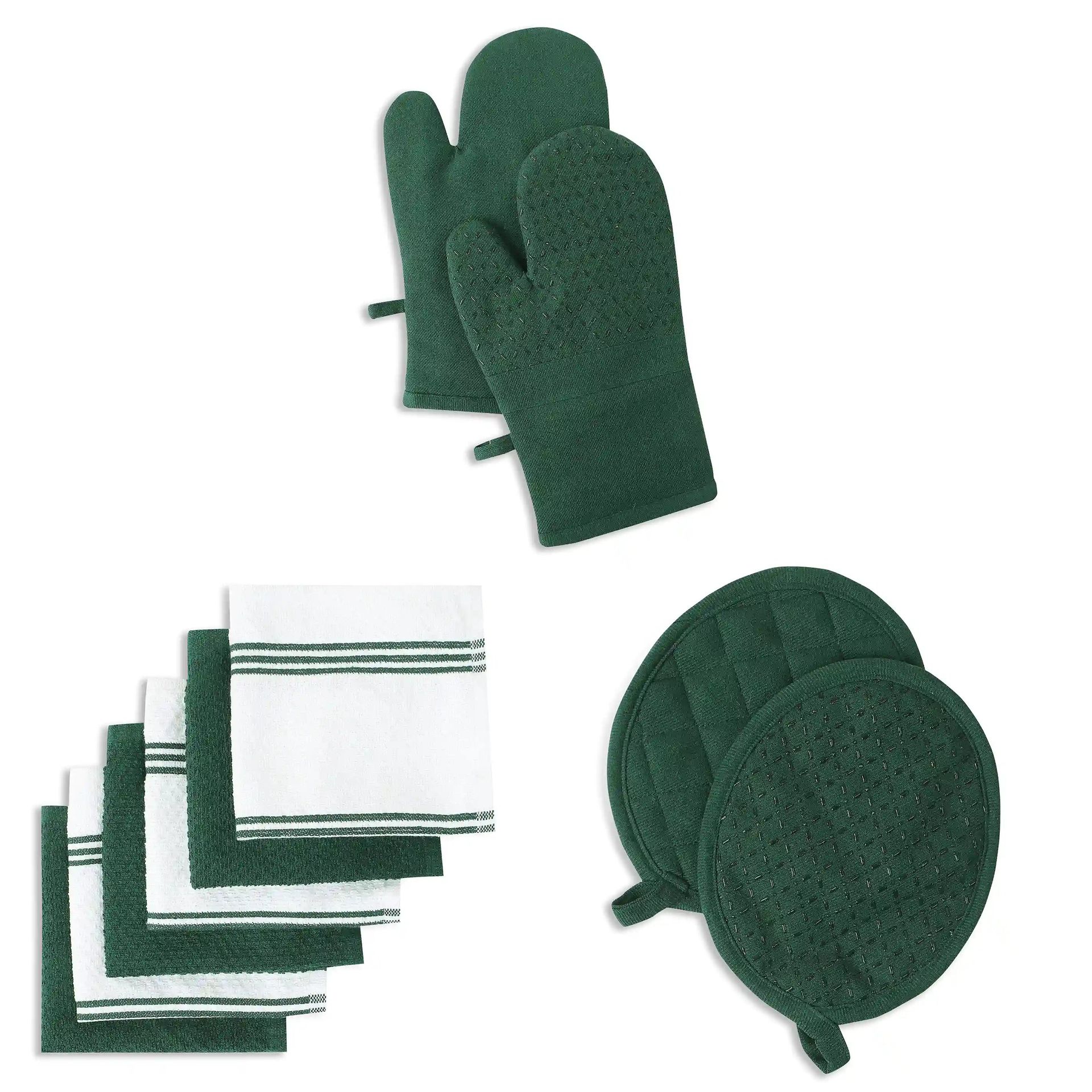 Solid Dyed Cotton Polyester blend Forest Green 16 Piece Kitchen Linen Set | Kaleida