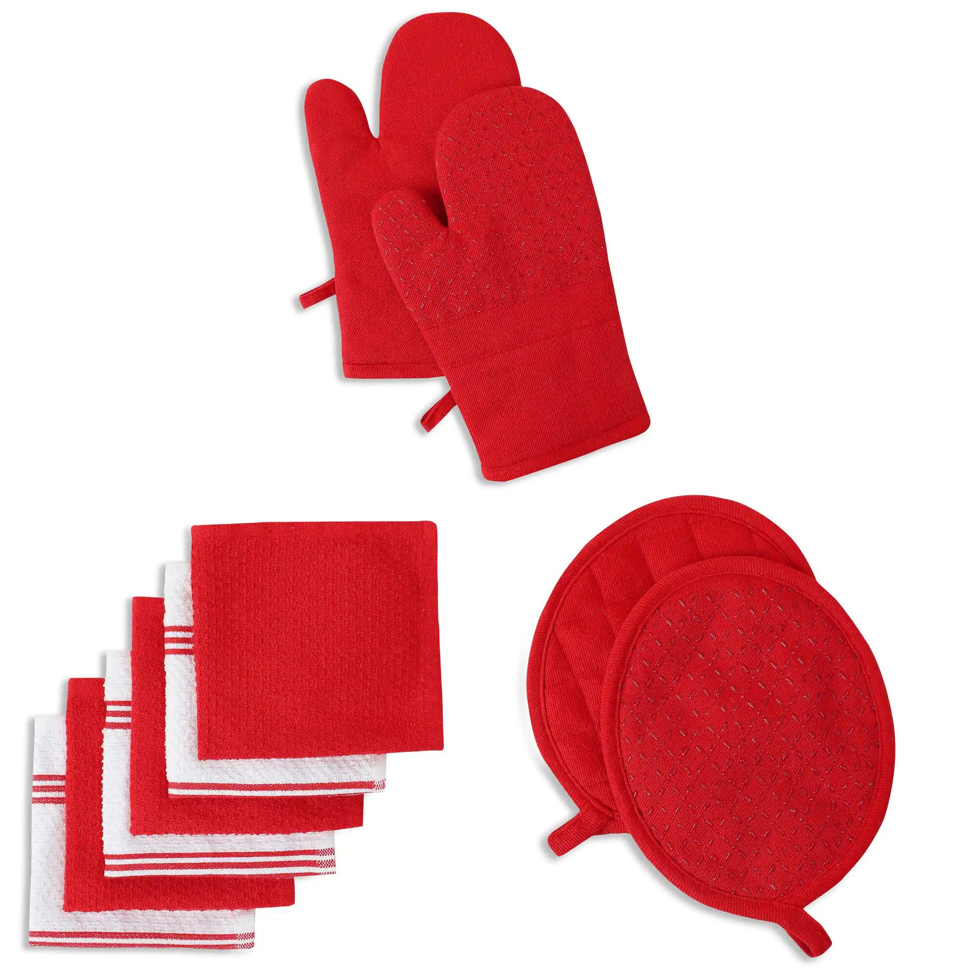 Solid Dyed Cotton Polyester blend Red 16 Piece Kitchen Linen Set | Kaleida