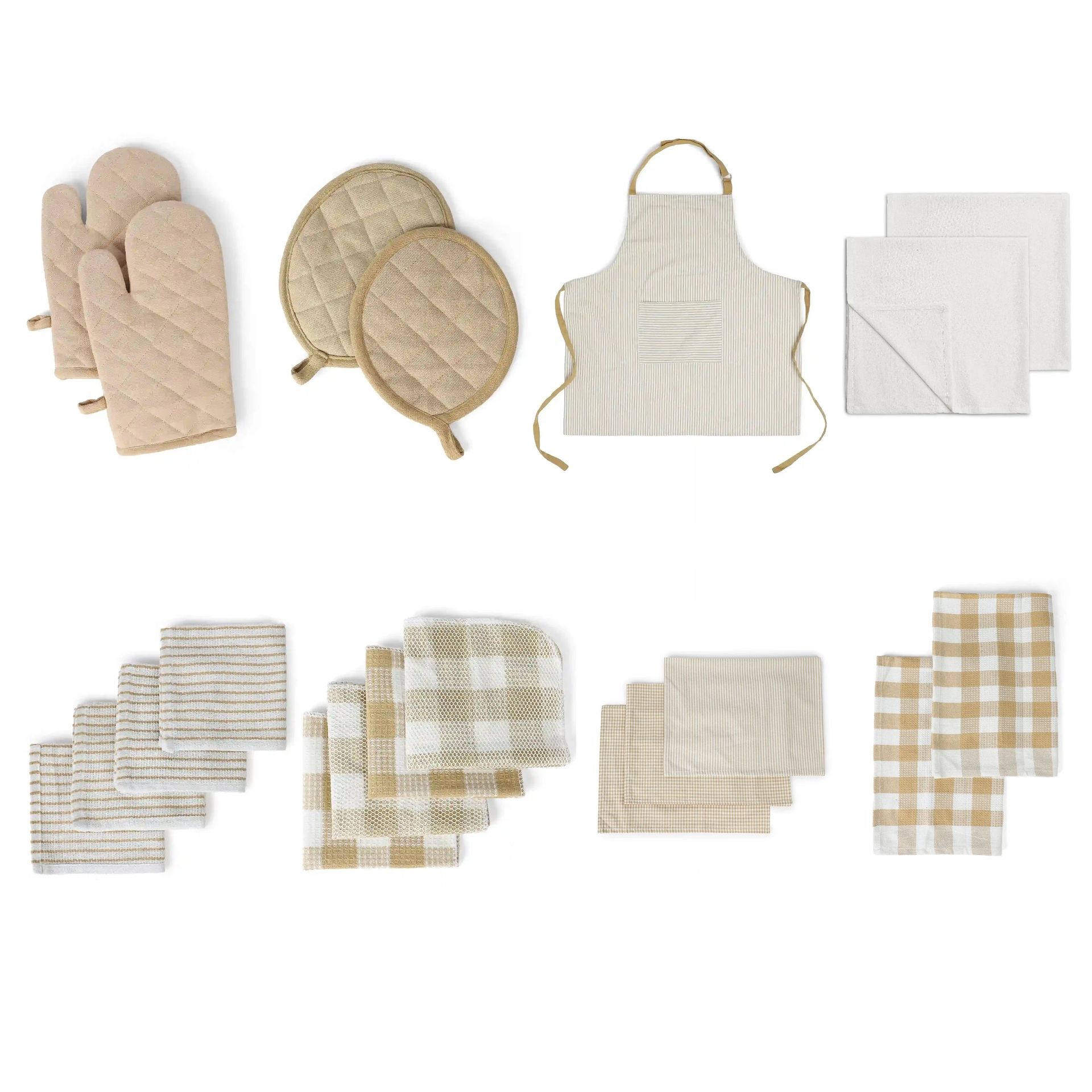 Solid Dyed Cotton Polyester blend Beige 20 Piece Kitchen Linen Set | Nonna's Home