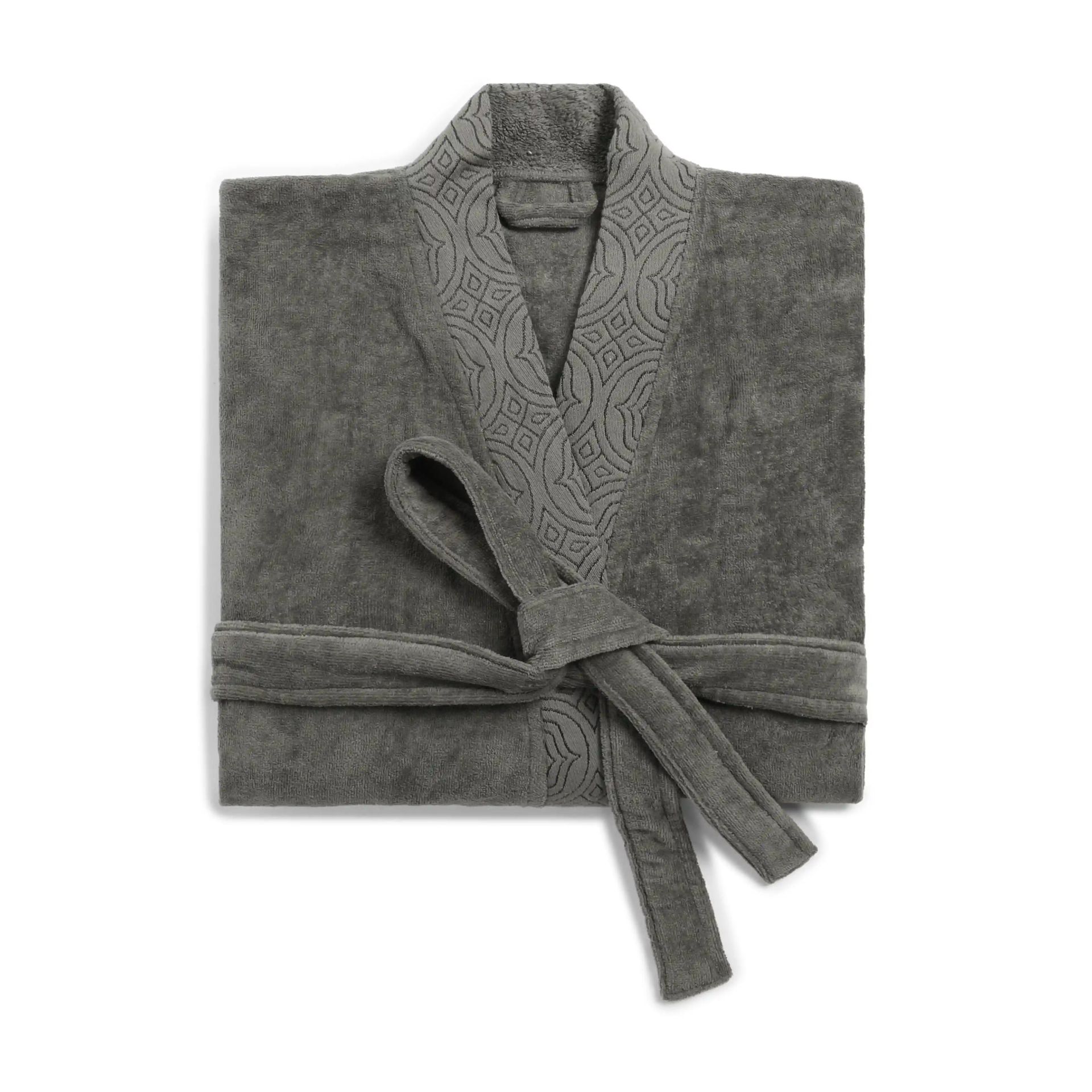 Solid Jacquard 360 GSM 100% Cotton Grey Large Bath Robe | De Jacquard