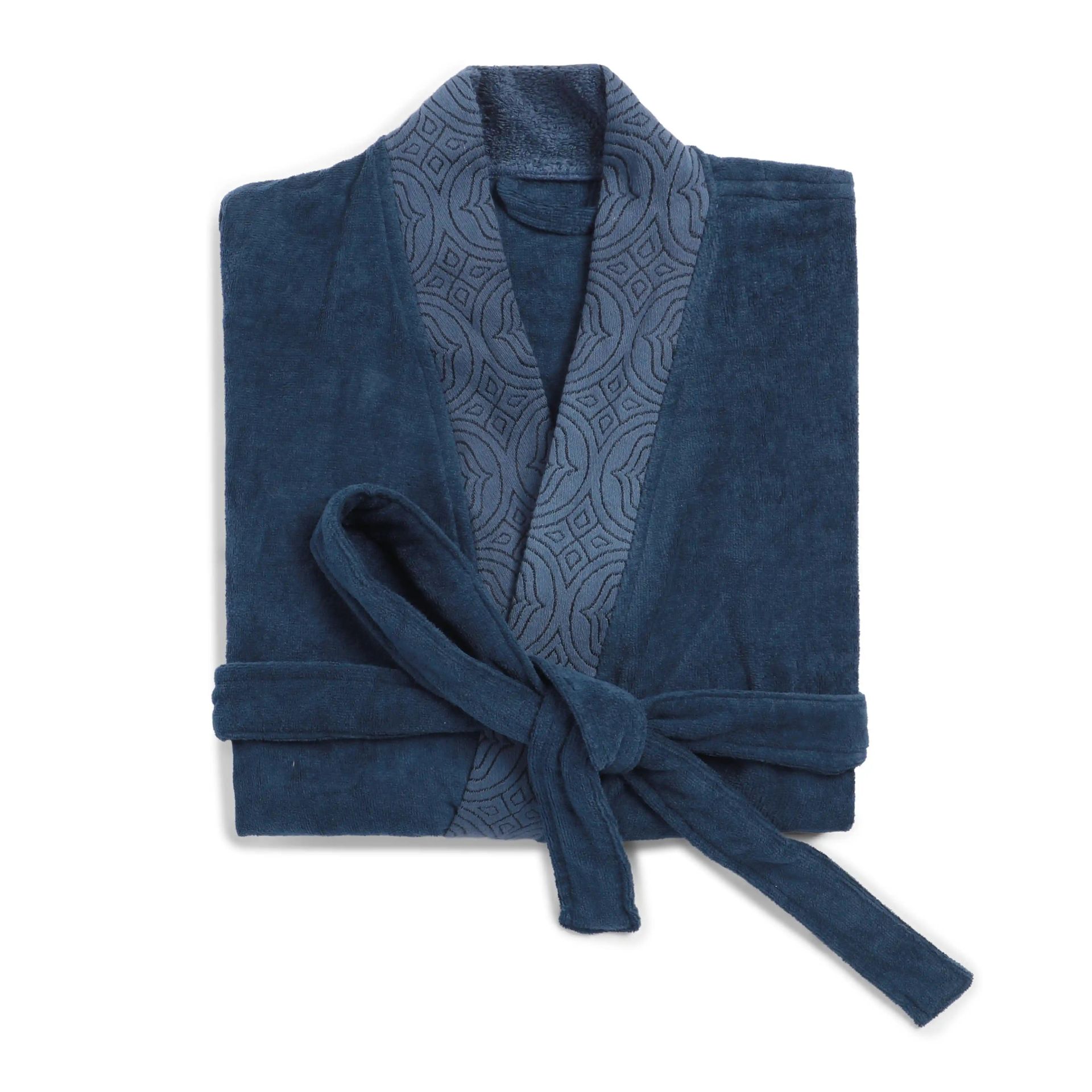 Solid Jacquard 360 GSM 100% Cotton Navy Blue Large Bath Robe | De Jacquard