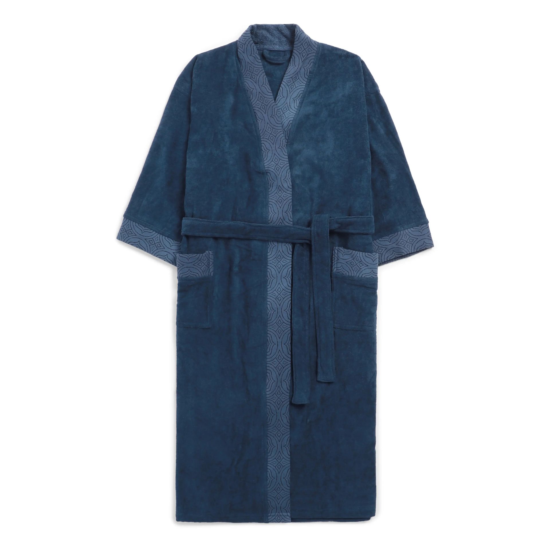 Solid Jacquard 360 GSM 100% Cotton Navy Blue Large Bath Robe | De Jacquard
