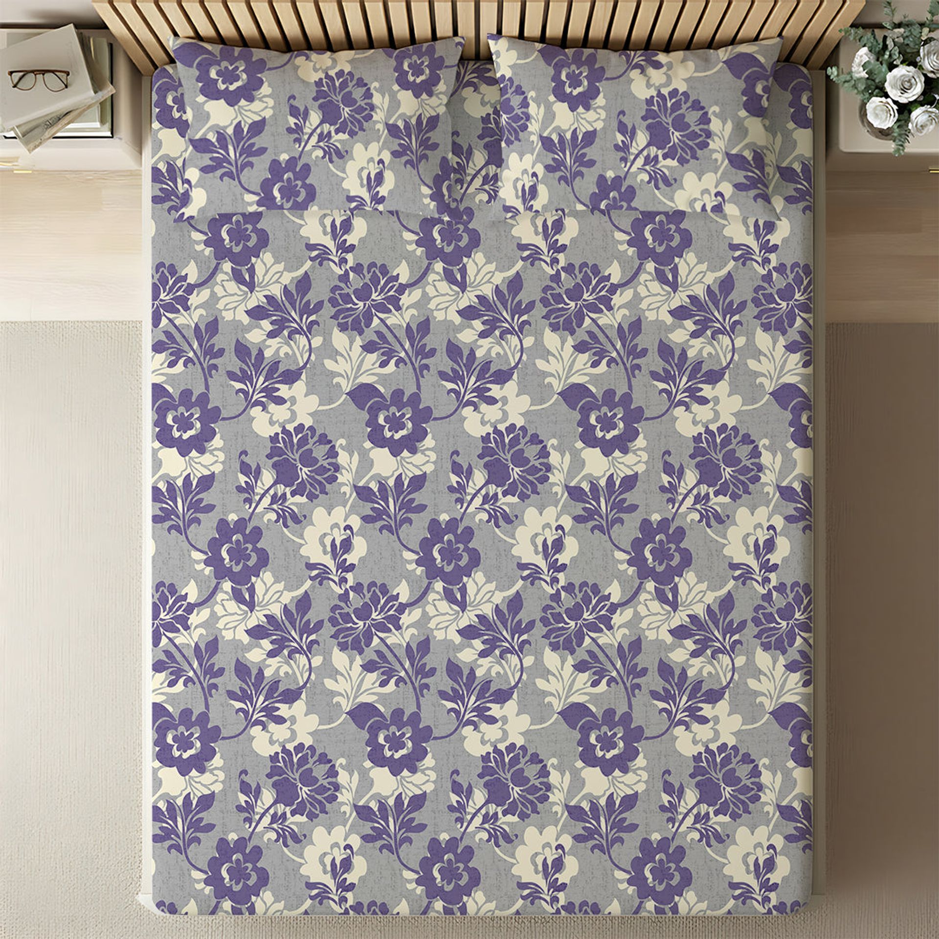 Floral 120 GSM Microfibre Blue Green Queen Fitted Sheet Set | Serene Nest