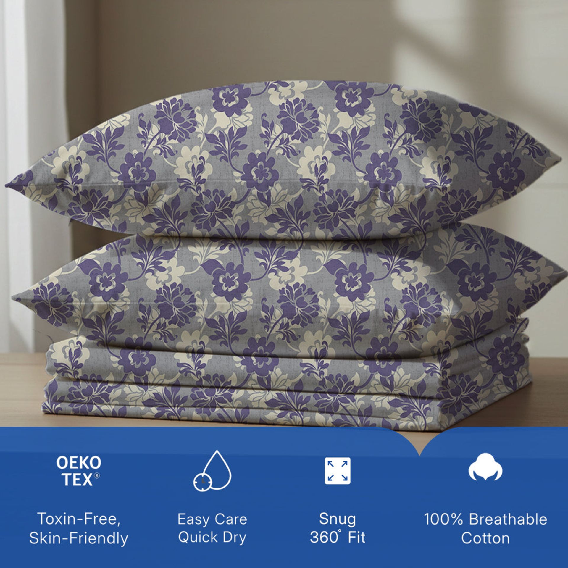Floral 120 GSM Microfibre Blue Green Queen Fitted Sheet Set | Serene Nest