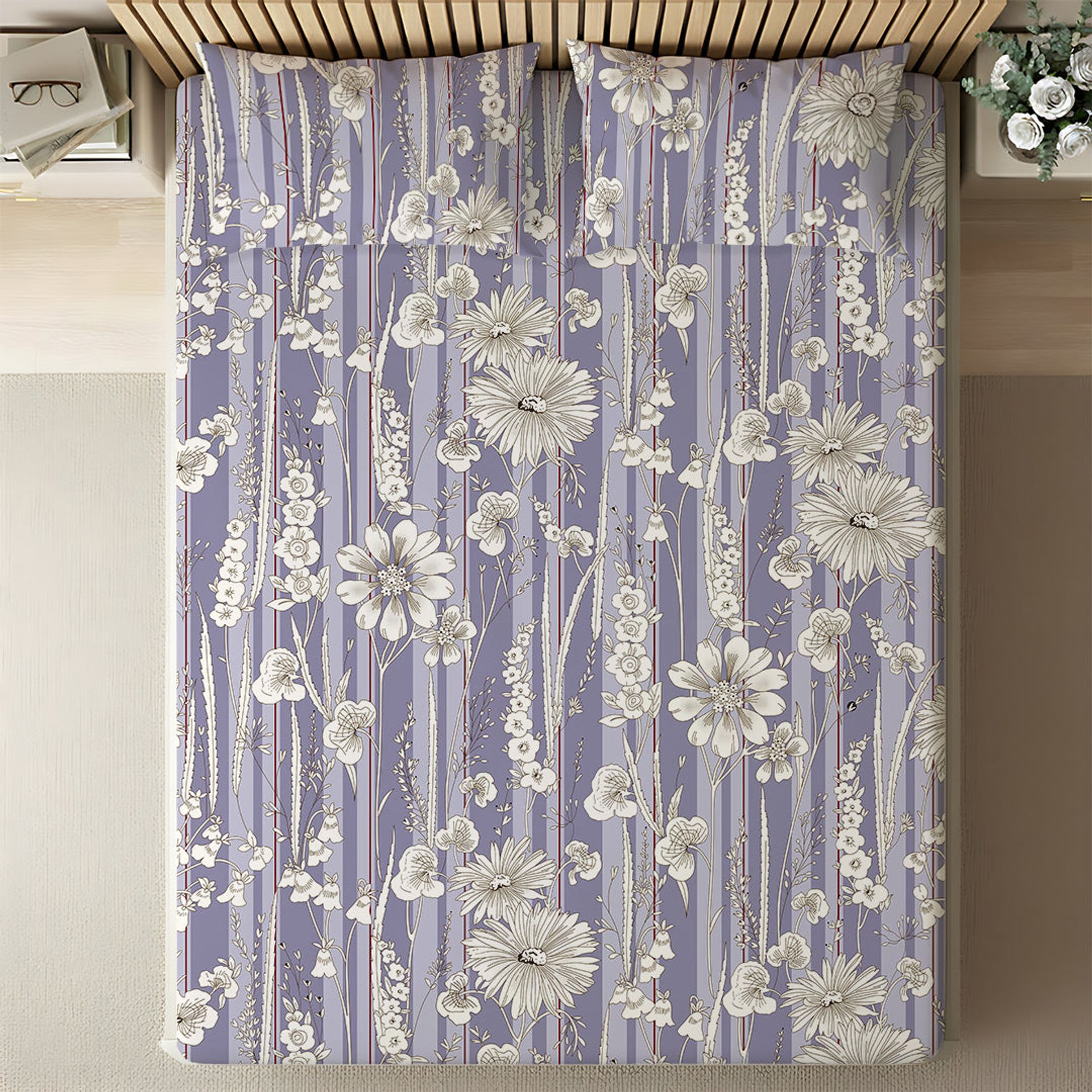 Floral 120 GSM Microfibre Blue Grey Queen Bedsheet Set | Serene Nest